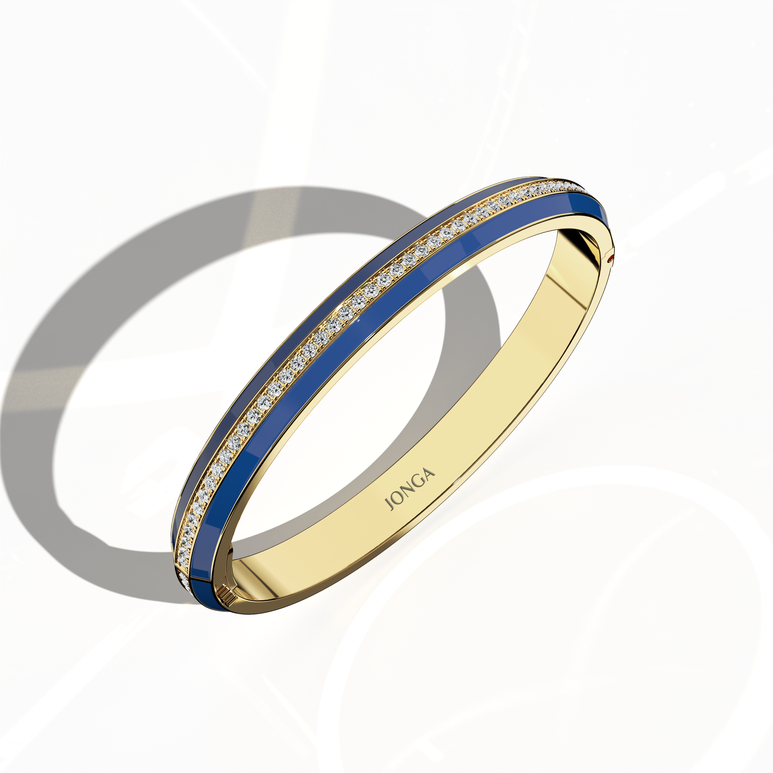 Standing front top side view of a side enamel center paved bangle in yellow gold (often referred to as traditional gold), adorned with a deep blue enamel band. Embellished with 2.60 carats of diamonds in a pavé arrangement, this piece—bracelet, armlet, kangan, or pulsera—showcases an engaging mix of classic metal, vivid color, and sparkling stones. The elevated angle highlights its meticulous craftsmanship. Keywords: bangle, enamel, diamonds, yellow gold.