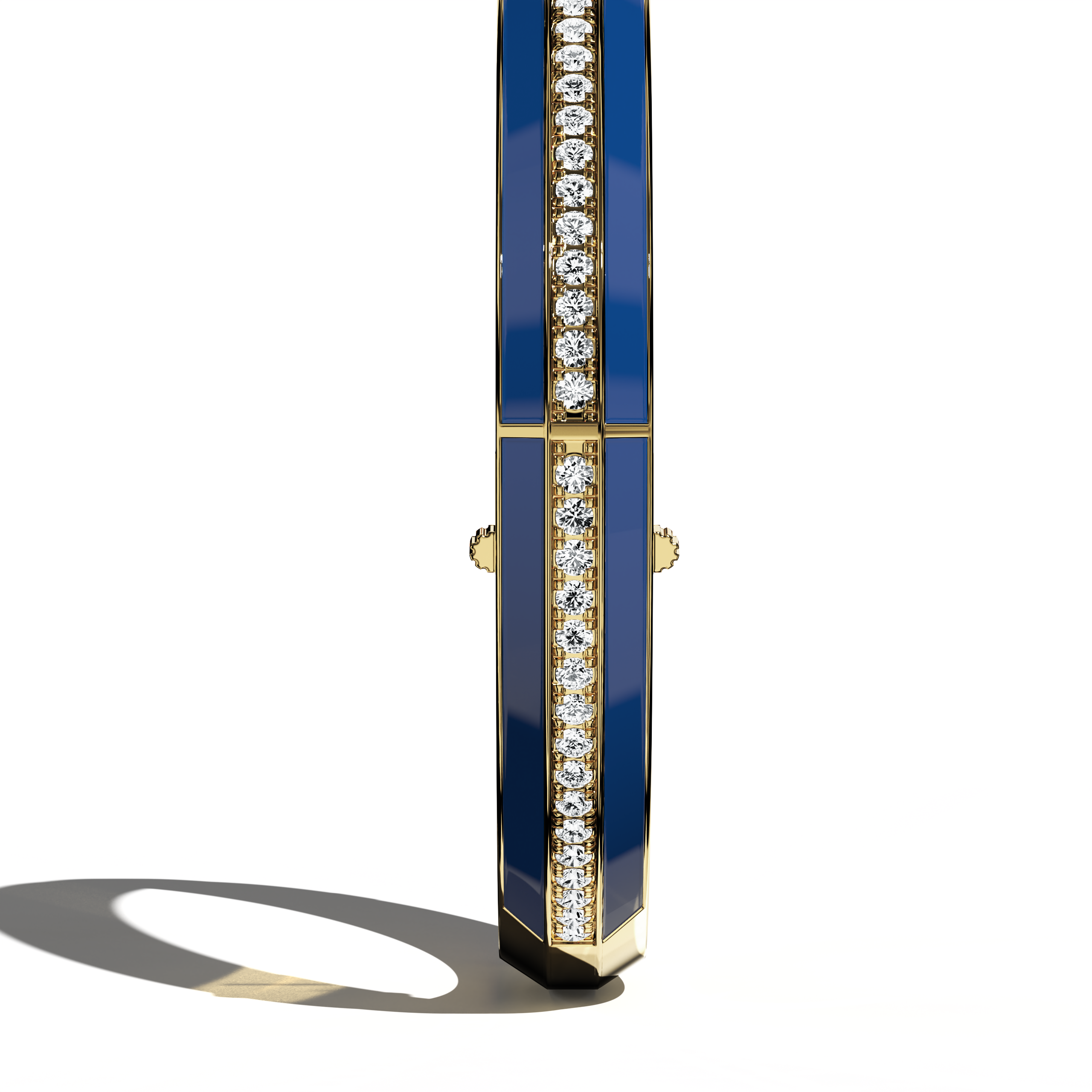 Standing side view of a side enamel center paved bangle in yellow gold (also described as classic gold), featuring a rich blue enamel panel. Dazzling with 2.60 carats of pavé-set diamonds, this accessory—also named bracelet, armlet, kangan, or pulsera—exudes bold sophistication. The slender profile underscores its seamless fusion of timeless metal and vibrant enamel. Keywords: bangle, enamel, diamonds, yellow gold.