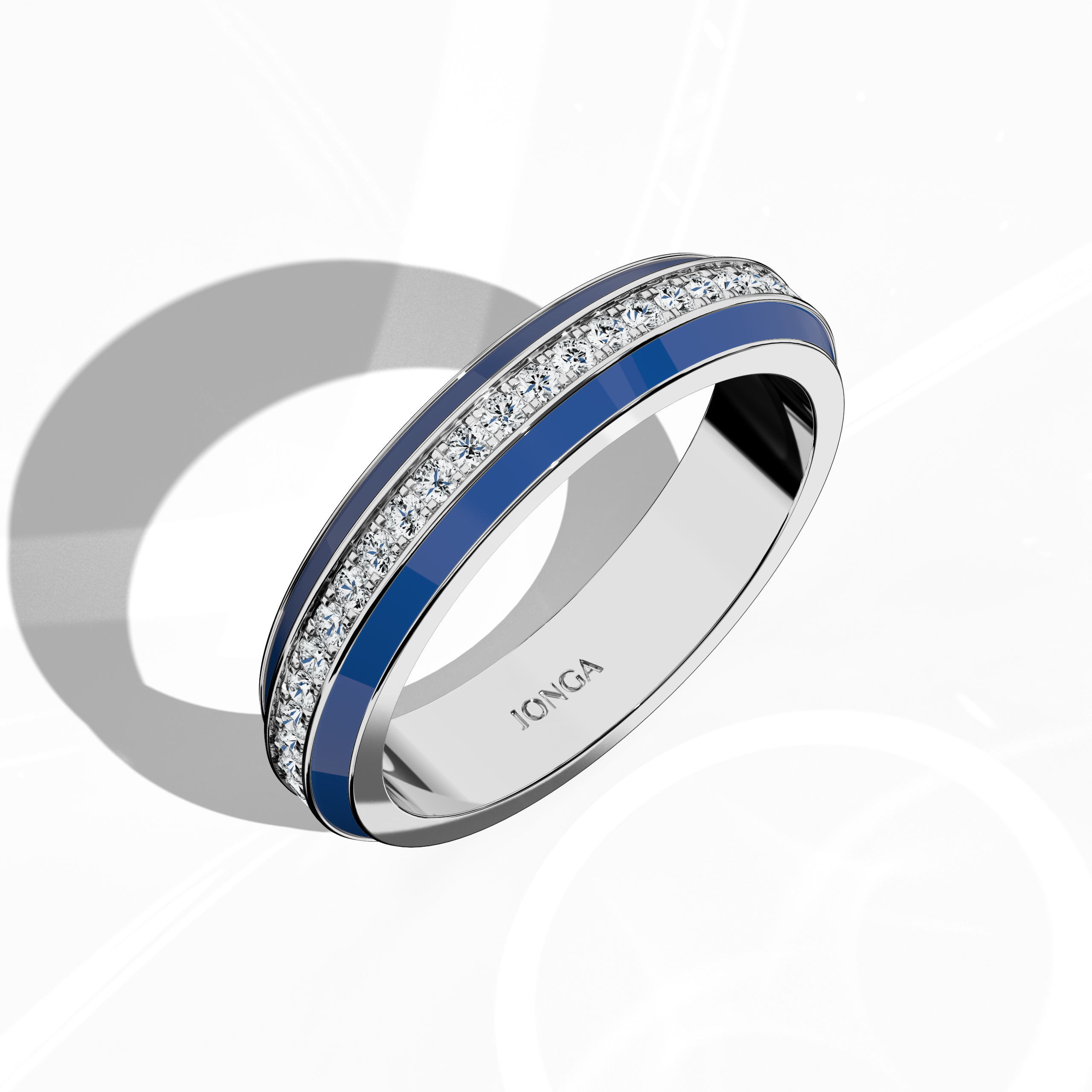 Admire the distinctive profile of this white gold ring, set off by luminous blue glossy enamel and a 0.35 carat paved center stone in a sophisticated pave band. Captured in a standing front top side view, the intricate pavé details—termed Eternity Pave, Pavé Chic, and Carat Pave—accentuate its refined brilliance. The fusion of artful enamel and pristine white gold underscores its luxury, modern elegance, and superior craftsmanship.
Keywords: enamel, pave design, luxury, designer.
