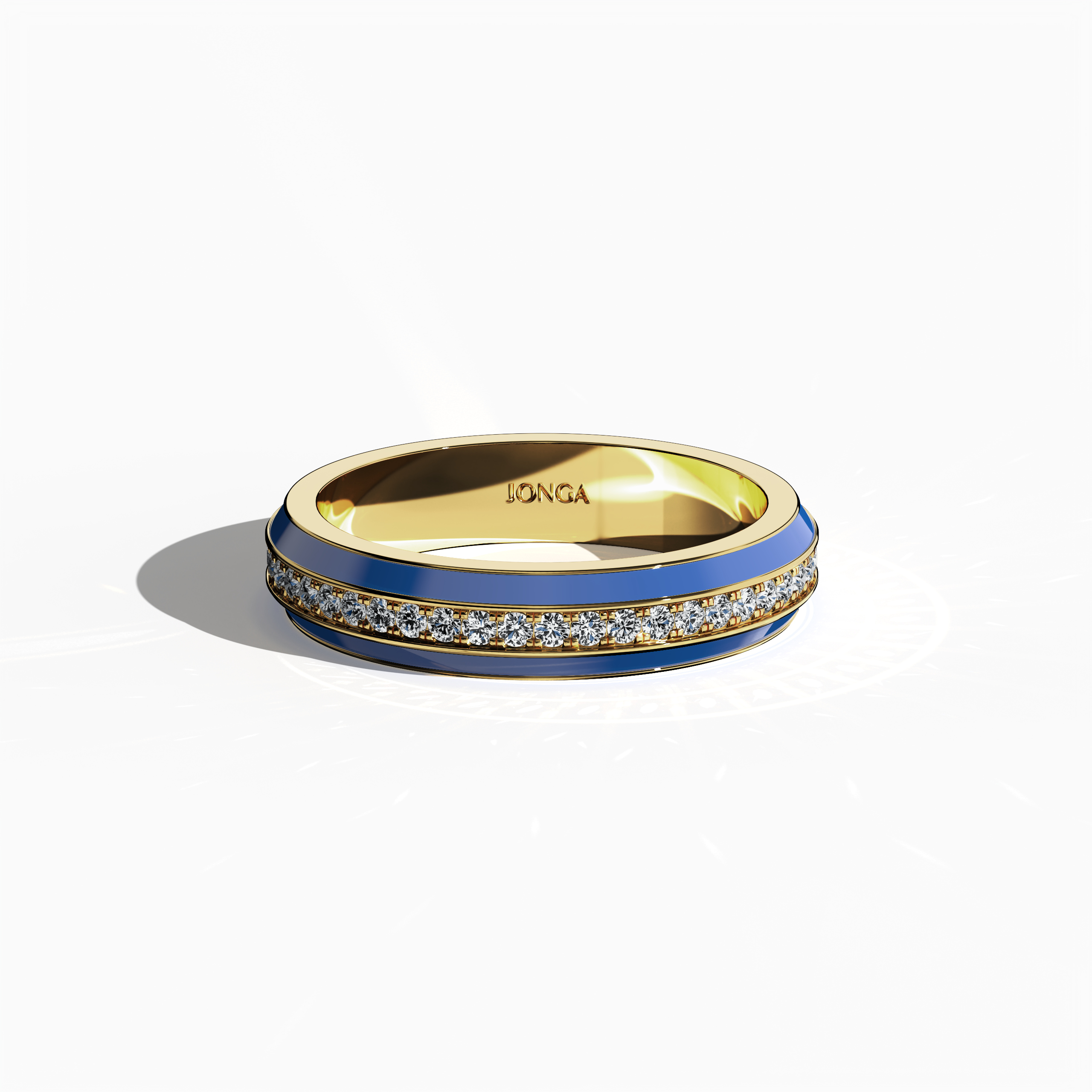 Discover the striking elegance of this yellow gold ring with bold blue glossy enamel, highlighting a meticulously paved 0.35 carat center stone. Captured from a sleeping front top view, the refined pave band—celebrated as Eternity Pave, Pavé Chic, and Carat Pave—displays intricate pavé details that accentuate the vibrant interplay of warm yellow gold and dynamic blue enamel, embodying modern luxury and exceptional designer craftsmanship.
Keywords: enamel, pave, luxury, designer.