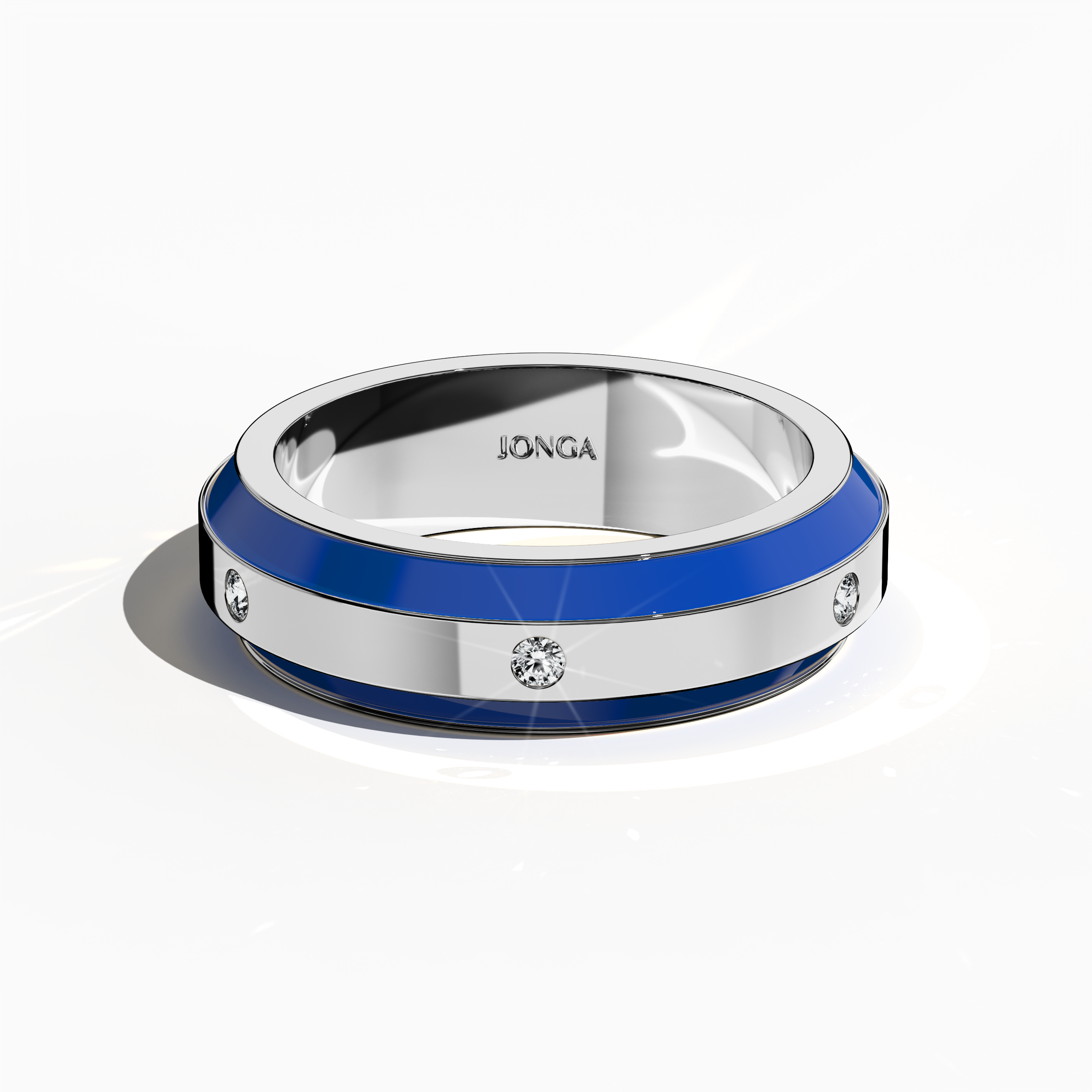 Beautifully rendered in white gold with a radiant blue enamel setting, this six‐diamond ring showcases a glossy finish and a precise centerline of brilliant diamonds (up to 0.20 carats). Also known as “Celestial Harmony,” “Enamel Enchantment,” and “Six Star,” its refined design fuses contemporary style with classic allure. Captured from a sleeping front top view, the image emphasizes exquisite detailing, refined finish, and keywords: luxury, designer, fine jewelry, artisanal.
