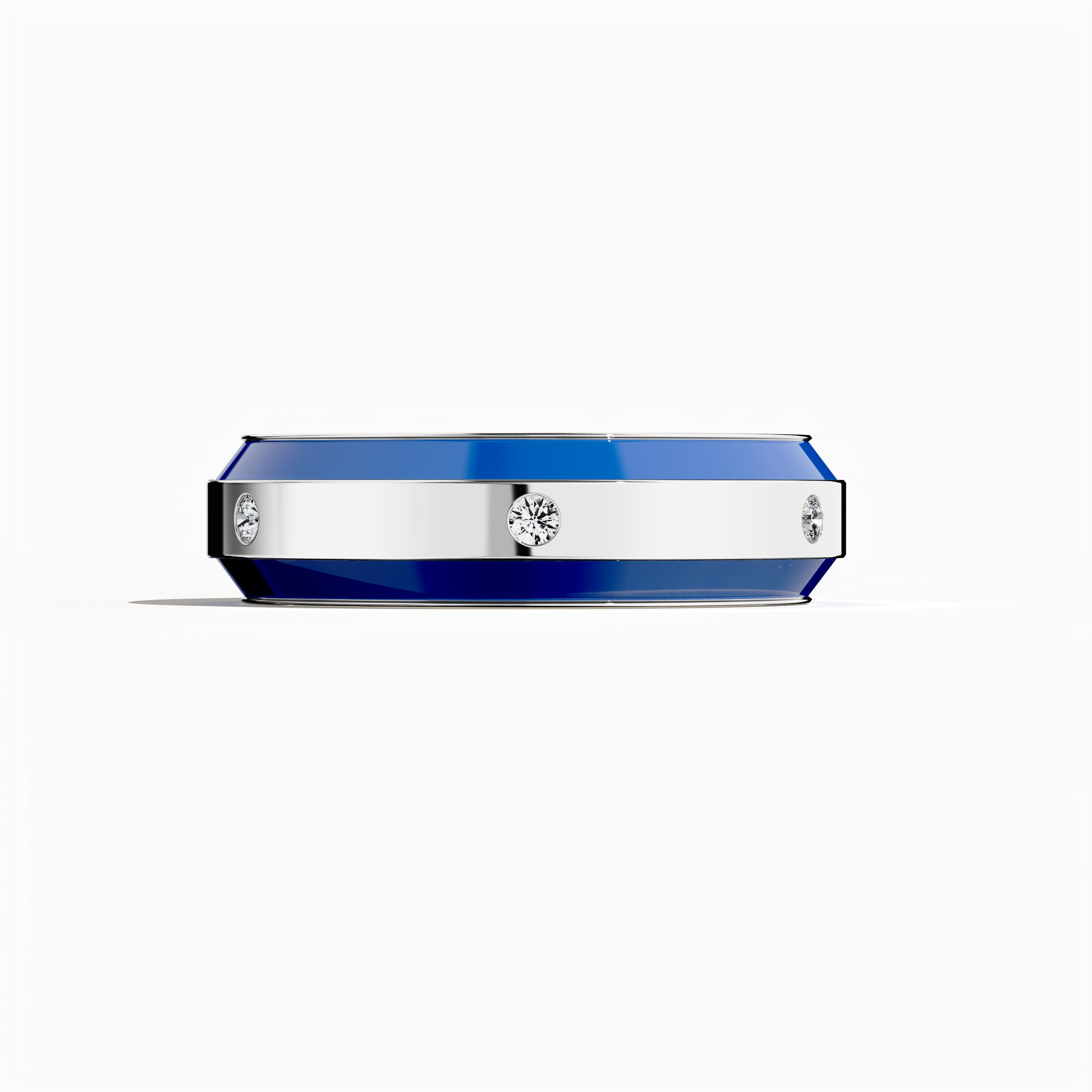 Exquisitely crafted in white gold paired with vibrant blue enamel, this six‐diamond ring features a glossy finish and a centerline of dazzling diamonds (up to 0.20 carats). Recognized as “Enamel Enchantment,” “Celestial Harmony,” and “Six Star,” its design blends modern artistry with timeless sophistication. Captured from a sleeping front view, the image highlights intricate detailing, luxurious polish, and keywords: luxury, designer, handcrafted, fine jewelry.
