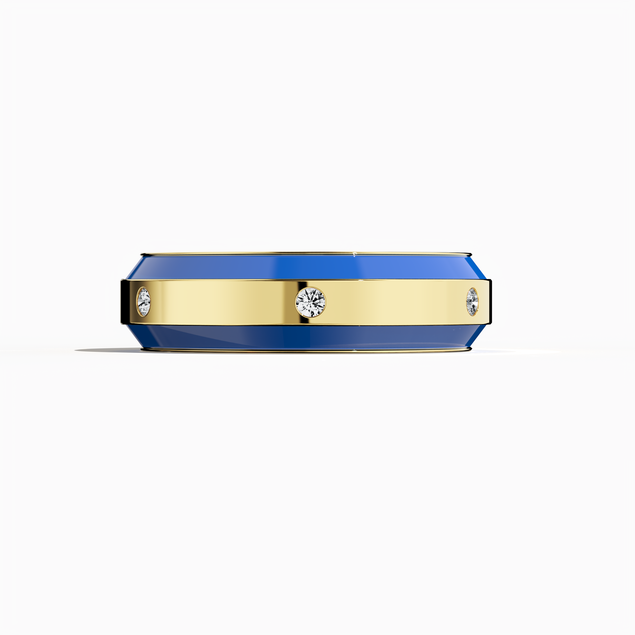 Strikingly designed in yellow gold with vibrant blue enamel, this six‐diamond ring features a glossy finish and a centerline of dazzling diamonds (up to 0.20 carats). Also known as “Radiant Curve,” “Golden Allure,” and “Timeless Chic,” its design marries contemporary flair with classic sophistication. Captured from a sleeping front view, the image reveals meticulous detailing, luxurious polish, and keywords: luxury, designer, handcrafted, fine jewelry.