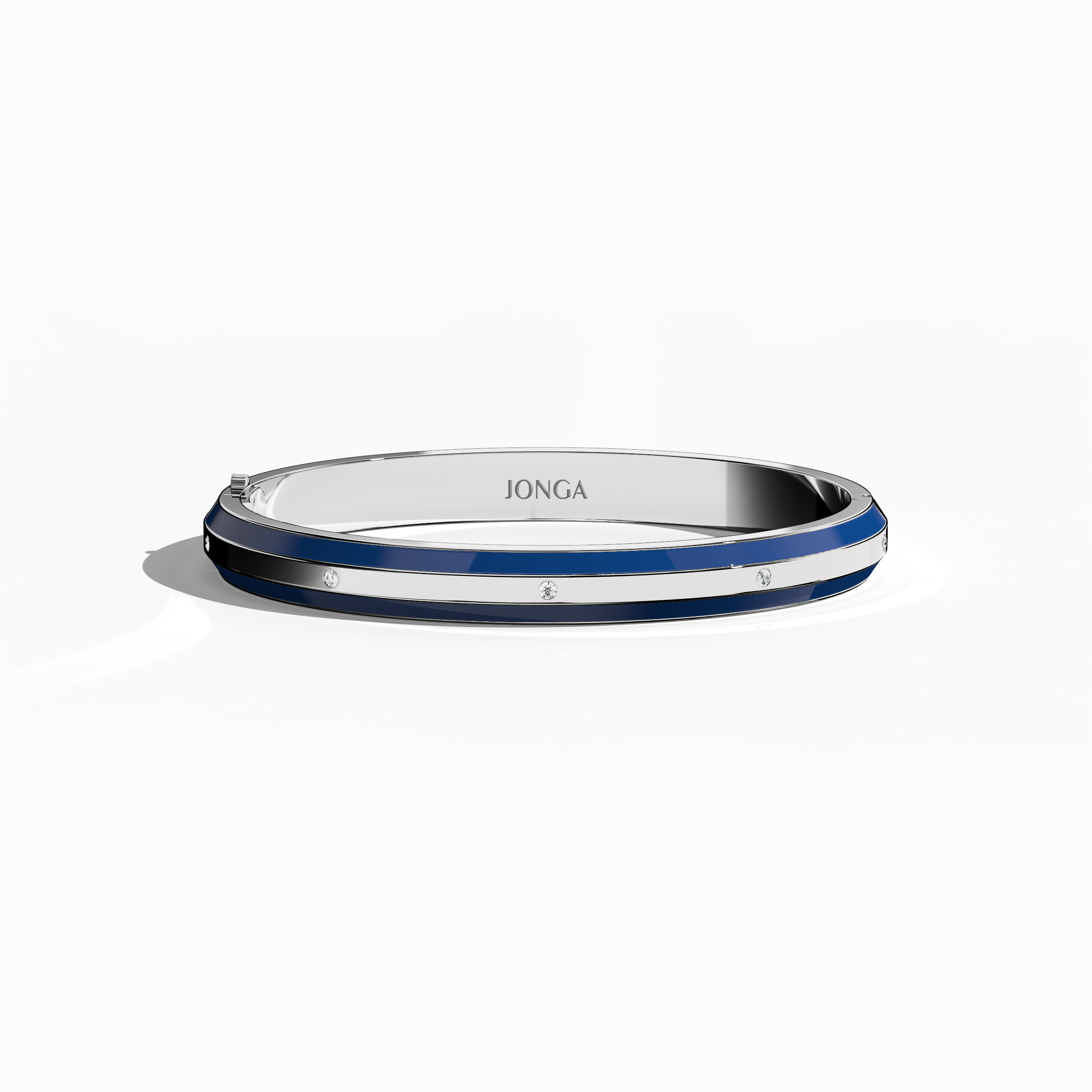 Front top view of a side enamel 9-Diamonds bangle featuring 0.25 carat total diamond weight in polished white gold—also labeled pale gold or silver-toned gold. This refined piece, also called a diamond-encrusted bracelet, kada, or armlet, displays a striking blue enamel band along its rim. Nine shimmering diamonds highlight its sophisticated unisex style. Keywords: diamond bangle, white gold, blue enamel, 9 diamonds, unisex.