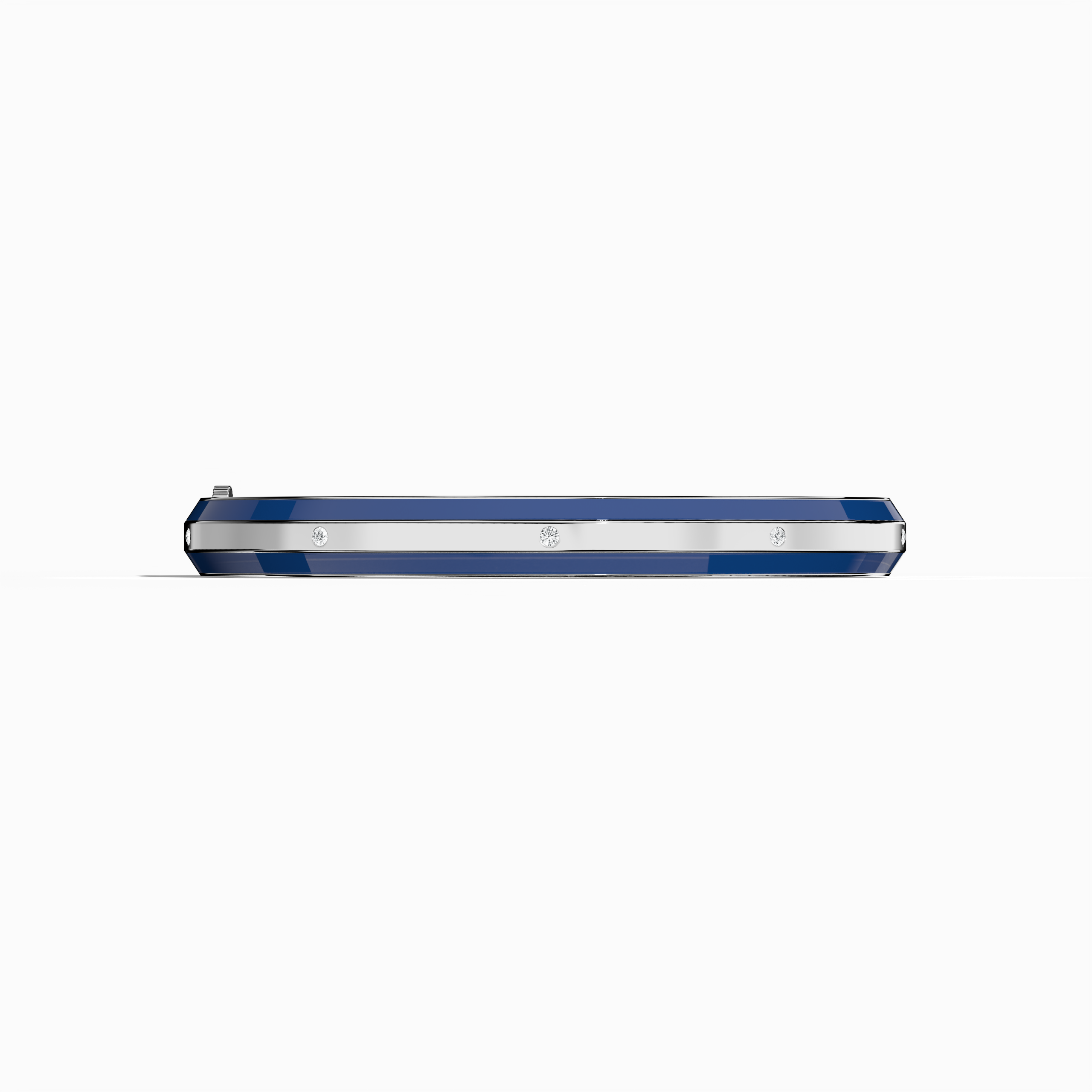 Front view of a side enamel 9-Diamonds bangle with 0.25 carat total diamond weight in gleaming white gold—also called pale gold or silver-toned gold. Known in some regions as a diamond-encrusted bracelet, kada, or armlet, it showcases a vibrant blue enamel strip for modern contrast. Nine diamonds enhance its unisex appeal. Keywords: diamond bangle, white gold, blue enamel, unisex jewelry, 9 diamonds.