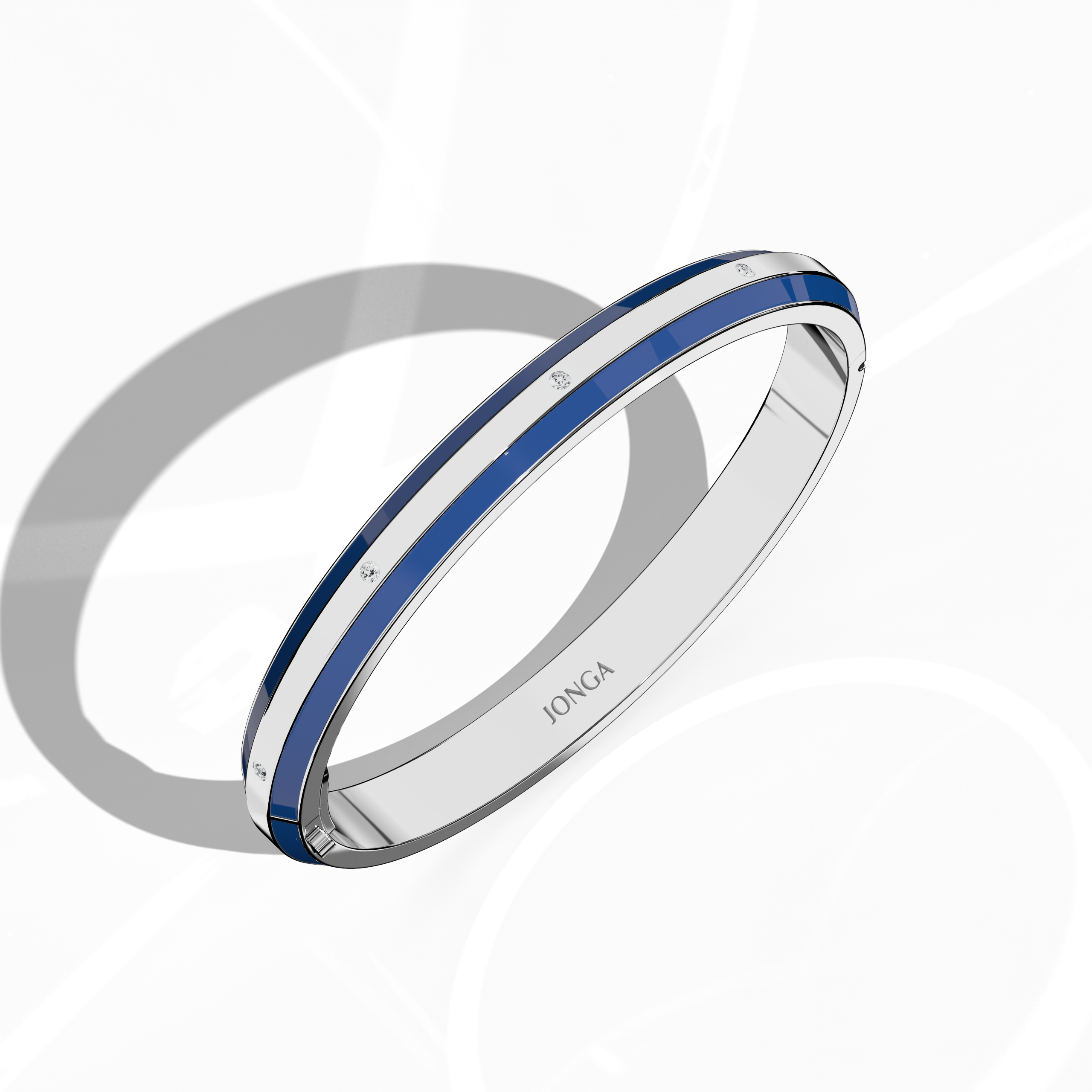 Standing front top side view of a side enamel 9-Diamonds bangle with 0.25 carat total diamond weight in radiant white gold—also termed pale gold or silver-toned gold. This versatile design, referred to as a diamond-encrusted bracelet, kada, or armlet, flaunts a bold blue enamel accent framing nine luminous diamonds. Perfect for unisex wear. Keywords: diamond bangle, white gold, blue enamel, 9 diamonds, style.