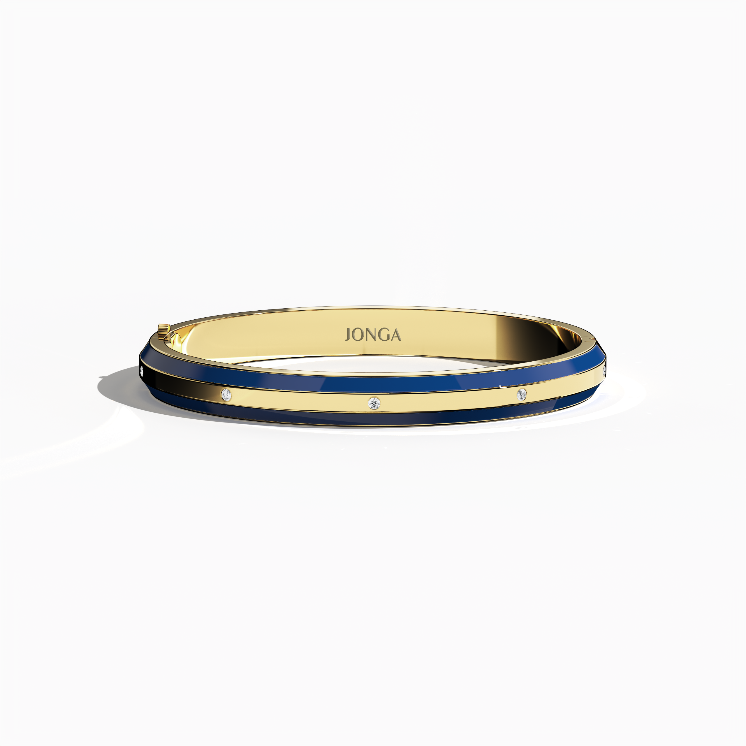 Front top view of a side enamel 9-Diamonds bangle with 0.25 carat total diamond weight in gleaming yellow gold—also recognized as classic gold, golden, or sunlit gold. Identified as a diamond-encrusted bracelet, kada, or armlet, it flaunts a striking blue enamel border—navy or sapphire in hue—highlighting nine brilliant diamonds. Keywords: diamond bangle, yellow gold, blue enamel, 9 diamonds, style.