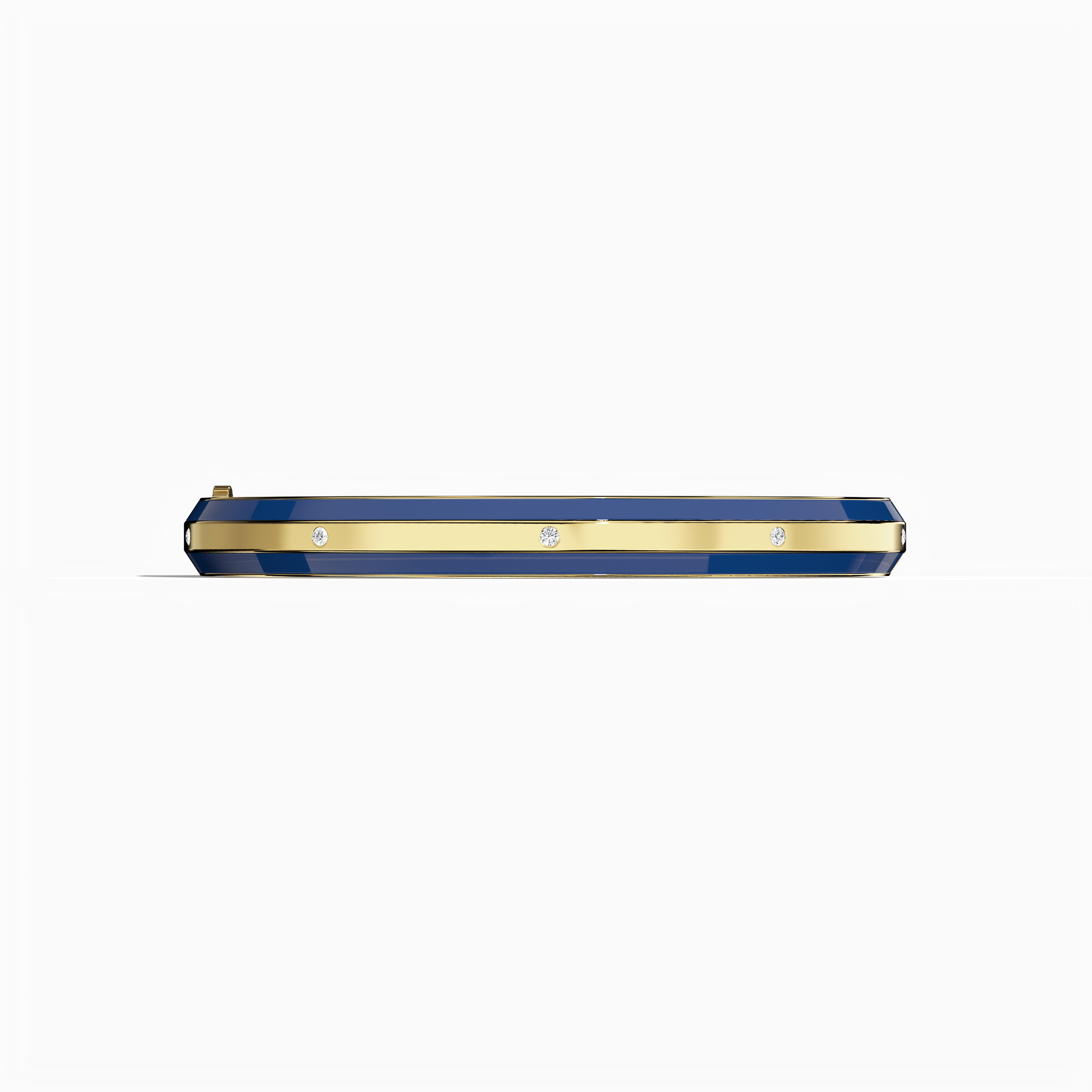 Front view of a side enamel 9-Diamonds bangle featuring 0.25 carat total diamond weight in radiant yellow gold—sometimes called classic gold, golden, or sunlit gold. Often referred to as a diamond-encrusted bracelet, kada, or armlet, it showcases a bold blue enamel strip—navy or sapphire toned—complementing nine sparkling diamonds. Keywords: diamond bangle, yellow gold, blue enamel, 9 diamonds, unisex.