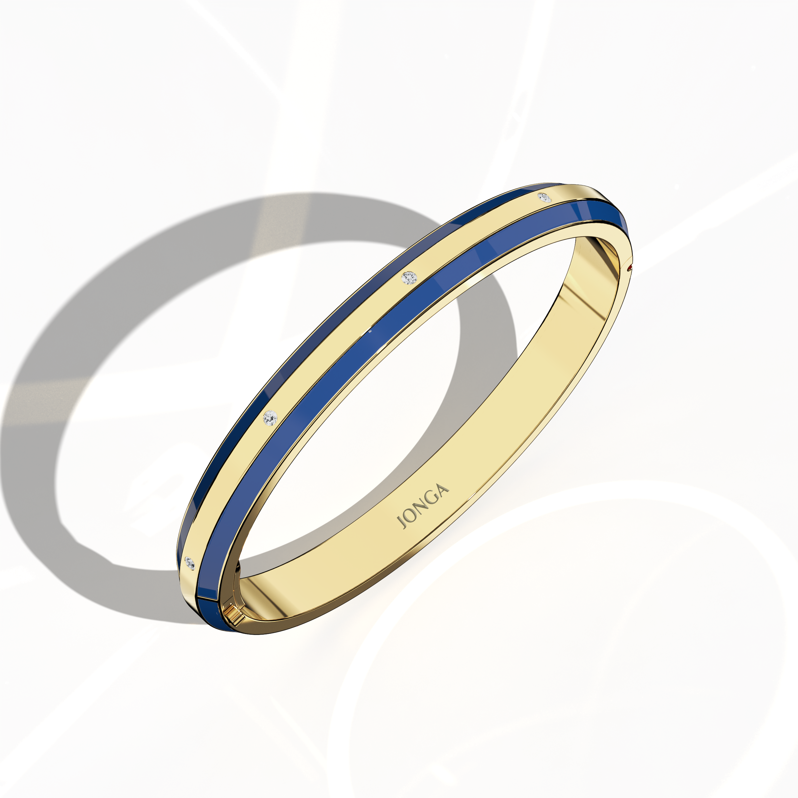 Standing front top side view of a side enamel 9-Diamonds bangle boasting 0.25 carat total diamond weight in luminous yellow gold—often termed classic gold, golden, or sunlit gold. Known as a diamond-encrusted bracelet, kada, or armlet, it features a vivid blue enamel edge—navy or sapphire toned—accentuating nine radiant diamonds. Keywords: diamond bangle, yellow gold, blue enamel, 9 diamonds, unisex.