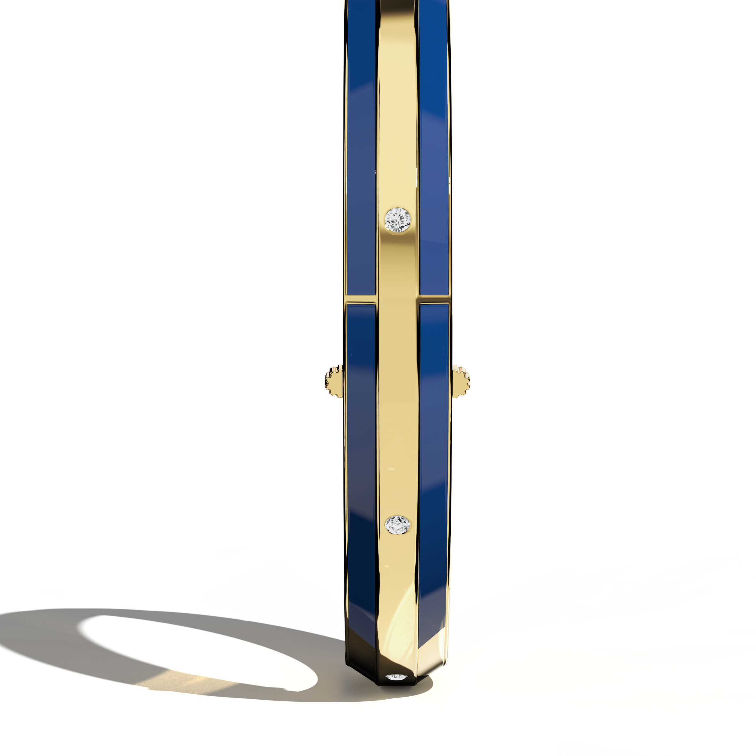 Standing side view of a side enamel 9-Diamonds bangle, presenting 0.25 carat total diamond weight in warm yellow gold—sometimes described as classic gold, golden, or sunlit gold. This piece, also called a diamond-encrusted bracelet, kada, or armlet, highlights a bold blue enamel trim—navy or sapphire tinted—framing nine dazzling diamonds. Keywords: diamond bangle, yellow gold, blue enamel, 9 diamonds, elegant.