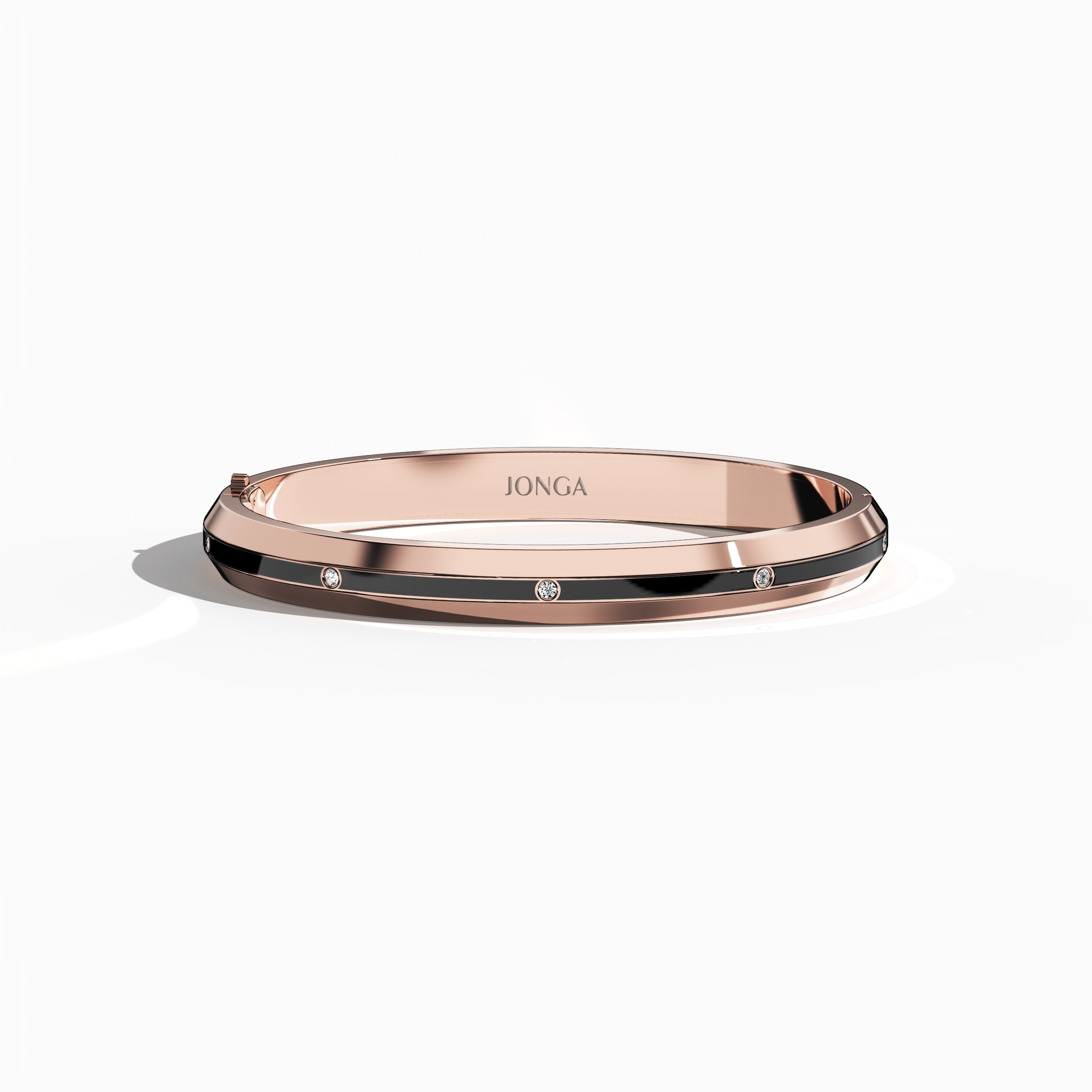 Front top view of a center enamel 9-Diamonds bangle with 0.25 carat total diamond weight in radiant rose gold—often referred to as pink gold, red gold, or blush gold. Referred to as a diamond-encrusted bracelet, kada, or armlet, it boasts a bold black enamel panel—onyx or jet toned—through the center, spotlighting nine dazzling diamonds. Keywords: diamond bangle, rose gold, black enamel, 9 diamonds, style.