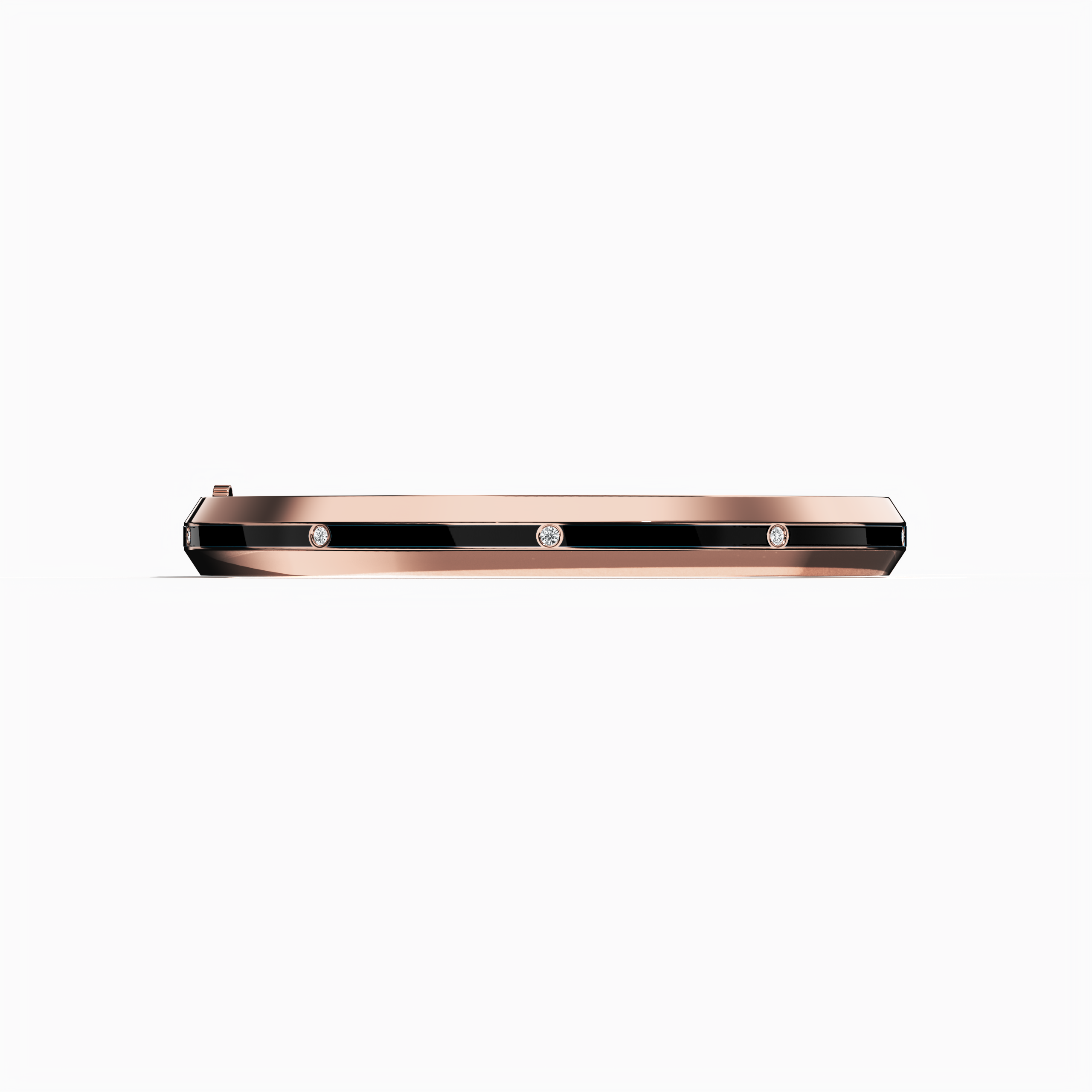 Front view of a center enamel 9-Diamonds bangle featuring 0.25 carat total diamond weight in romantic rose gold—sometimes known as pink gold, red gold, or blush gold. Also called a diamond-encrusted bracelet, kada, or armlet, this design showcases a sleek black enamel center, enhancing the sparkle of nine brilliant diamonds. Keywords: diamond bangle, rose gold, black enamel, 9 diamonds, unisex.