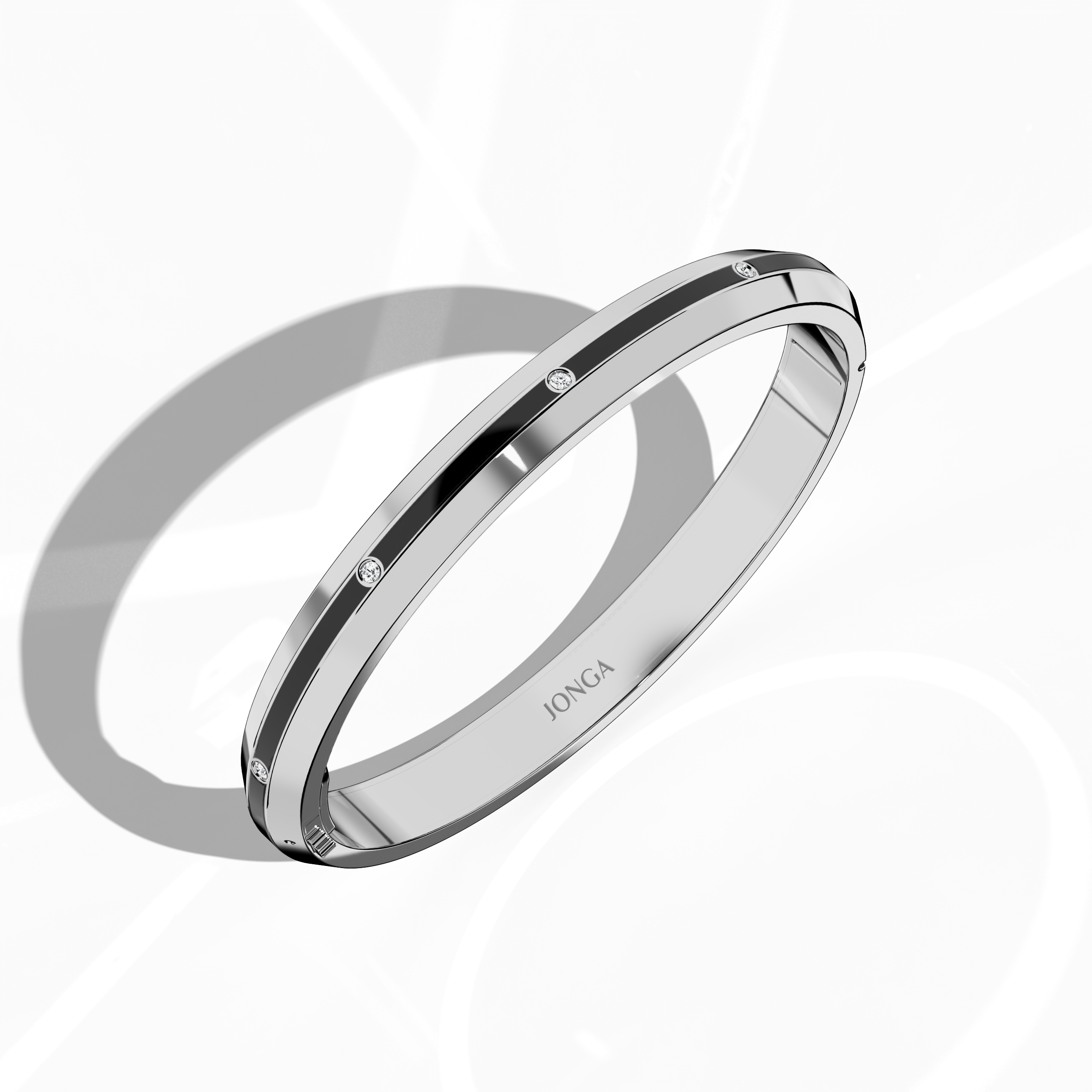Standing front top side view of a center enamel 9-Diamonds bangle containing 0.25 carat total diamond weight in polished white gold—commonly referred to as pale gold or silver-toned gold. Called a diamond-encrusted bracelet, kada, or armlet, it showcases a striking black enamel panel through its center, highlighting nine radiant diamonds. Keywords: diamond bangle, white gold, black enamel, 9 diamonds, unisex.