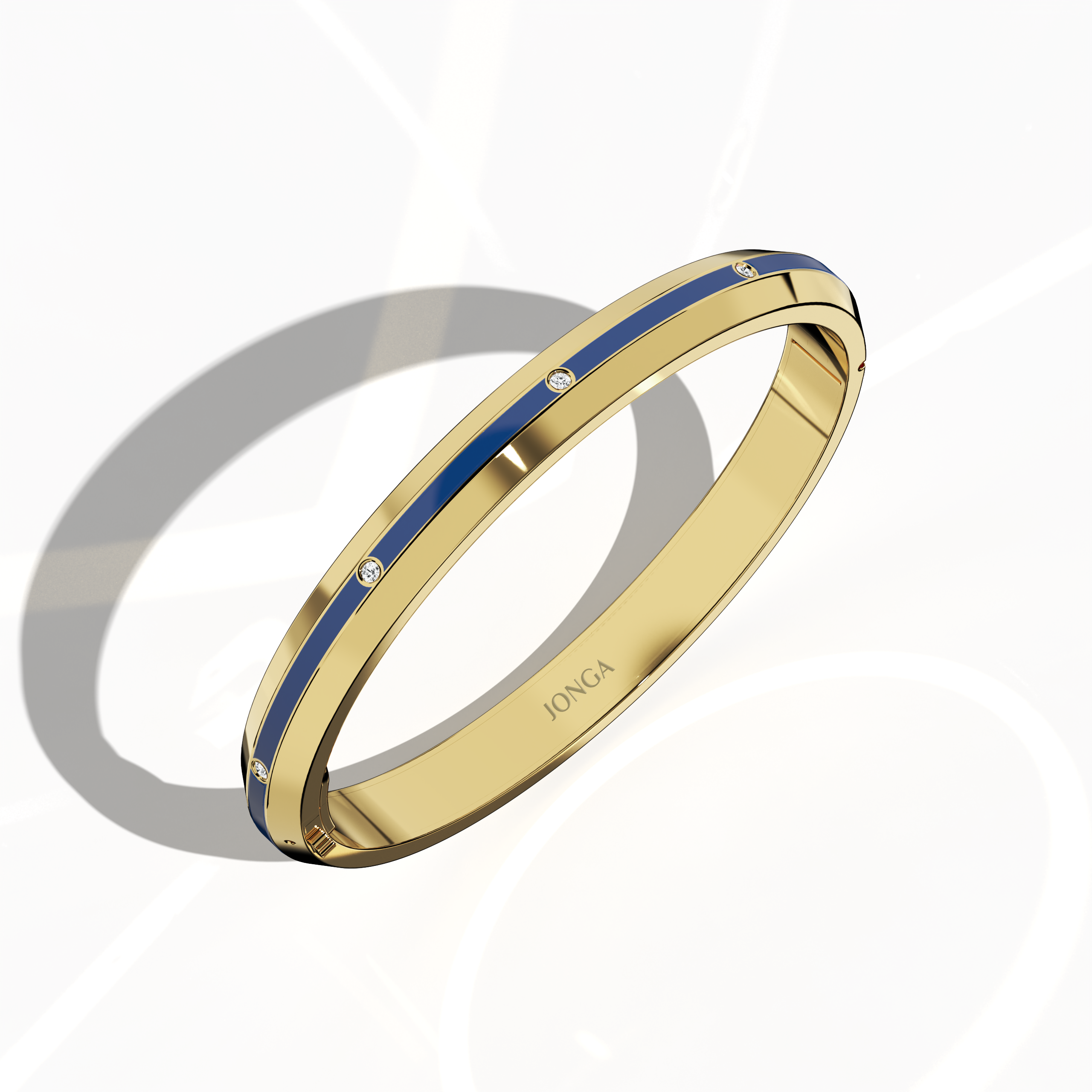 Standing front top side view of a center enamel 9-Diamonds bangle containing 0.25 carat total diamond weight in refined yellow gold—commonly known as golden, sunlit gold, or traditional gold. Also termed a diamond-encrusted bracelet, kada, or armlet, it boasts a vivid blue enamel center—navy or sapphire toned—accentuating nine radiant diamonds. Keywords: diamond bangle, yellow gold, blue enamel, 9 diamonds, unisex.