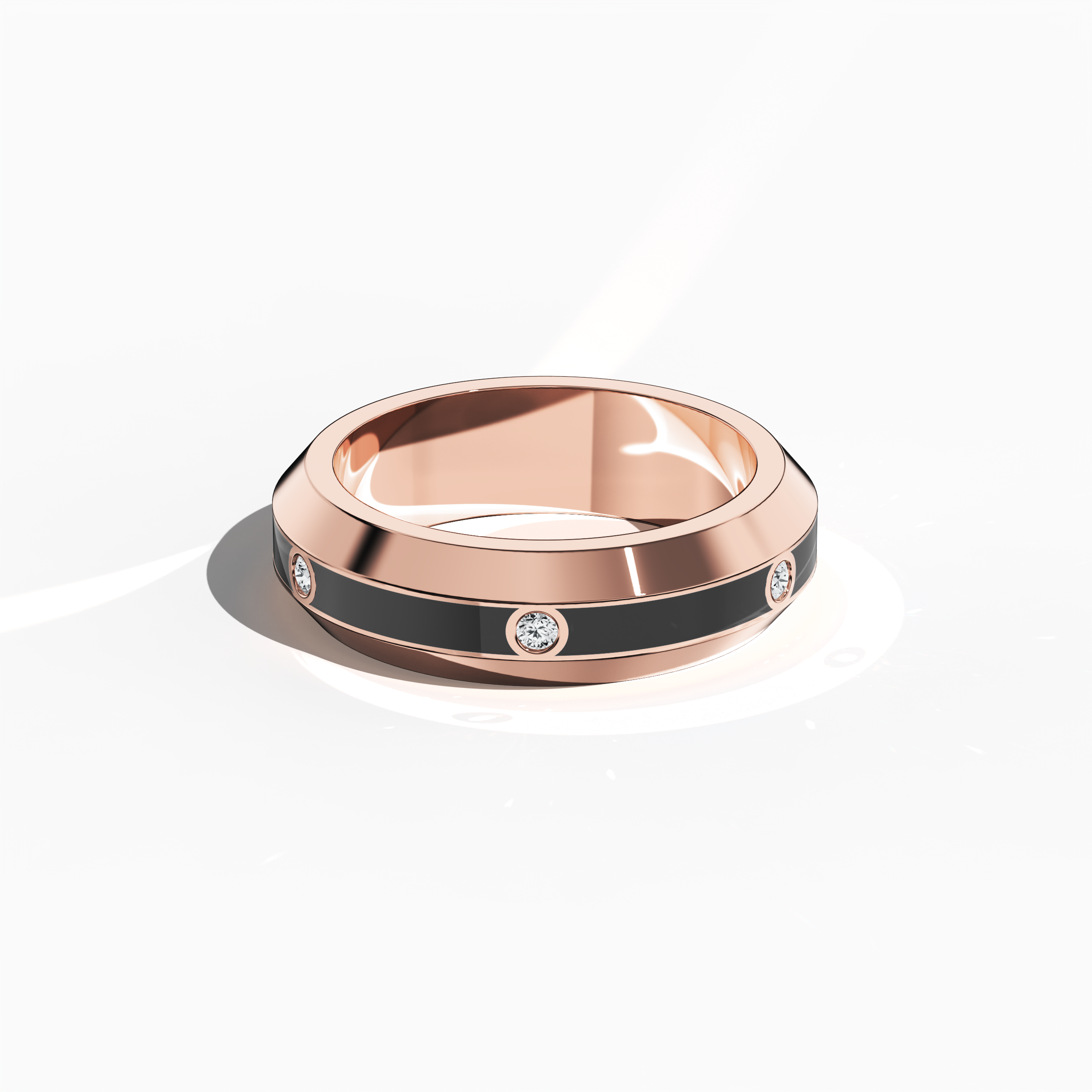 Displayed in a sleeping front top view, the rose gold six diamond center step enamel ring with rich black glossy enamel reveals a flawless flat profile and a meticulous 0.20-carat diamond center line. Embracing the identities ‘Blush Elegance’ and ‘Rose Noir Splendor,’ this design is celebrated for its artistic fusion of traditional grace and contemporary style. Keywords: rose gold, enamel, diamond ring, luxury, designer jewelry, fine craftsmanship, modern, sophisticated.