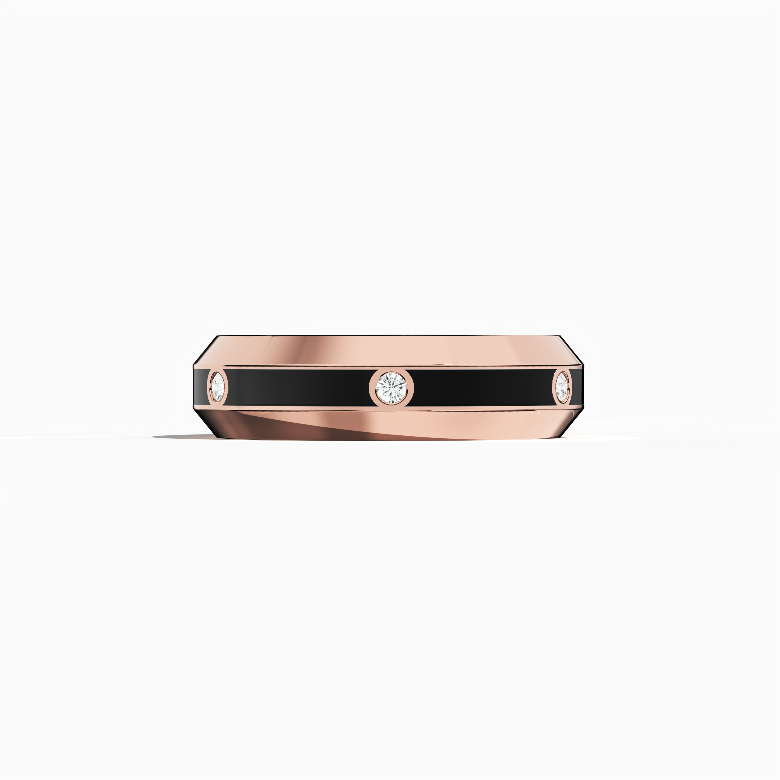 This stunning six diamond center step enamel ring in rose gold with a dramatic black glossy enamel finish is captured in a sleeping front view. The band, adorned with a 0.20-carat diamond line, exemplifies exquisite craftsmanship. Known as ‘Blush Elegance’ or ‘Rose Noir Splendor’ in various design circles, the piece merges vintage charm with modern luxury. Keywords: rose gold ring, enamel, diamond, luxury jewelry, designer, fine craftsmanship, modern, elegant.