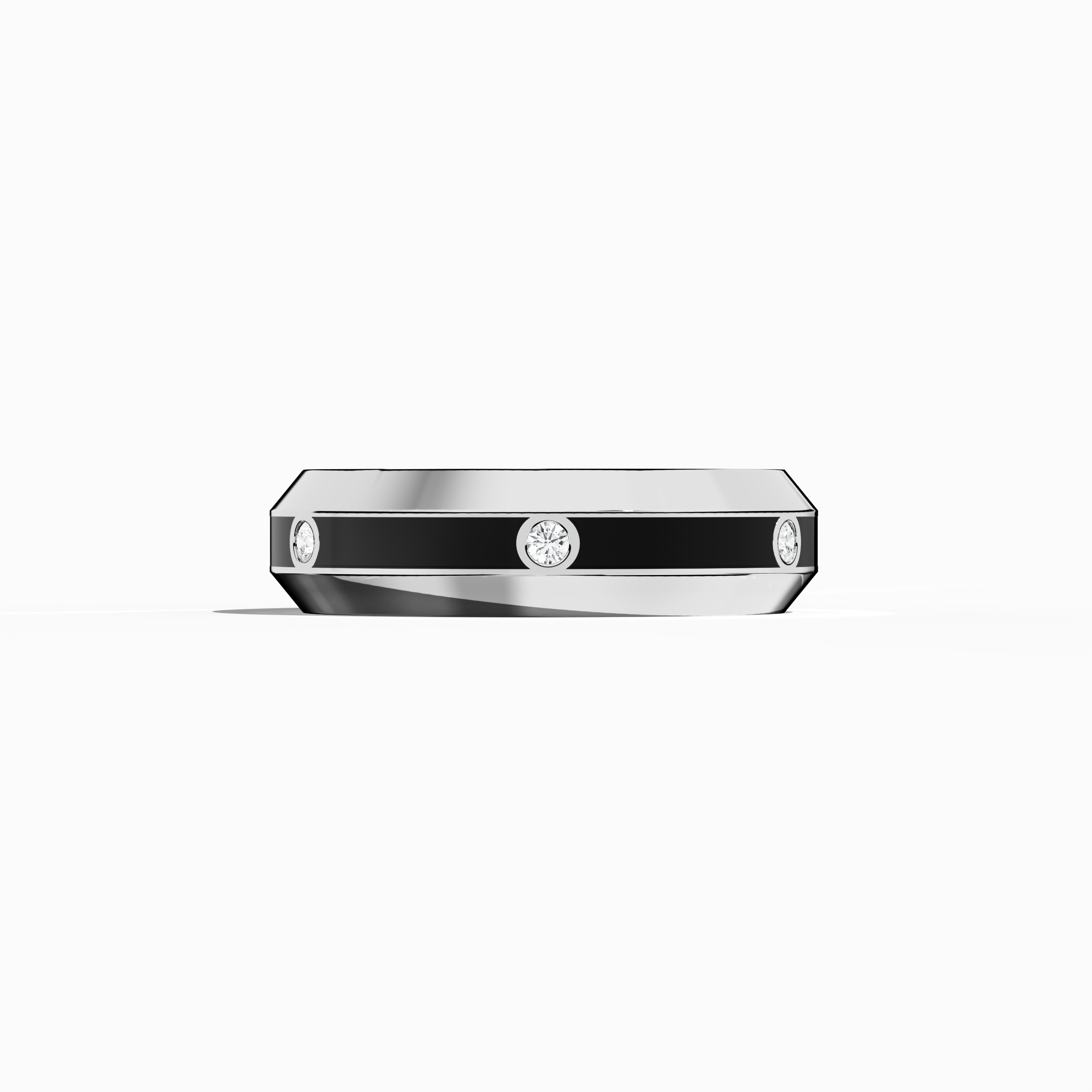 Exquisitely crafted six diamond center step enamel ring in white gold with a bold black glossy enamel finish is shown in a sleeping front view. The smooth, flat presentation accentuates its 0.20-carat line of brilliant diamonds. This design, also known as ‘Sterling Radiance’ and ‘Luminous White Elegance,’ exemplifies refined luxury and modern artistry. Keywords: enamel ring, diamond accent, white gold, luxury jewelry, designer, modern, elegant.
