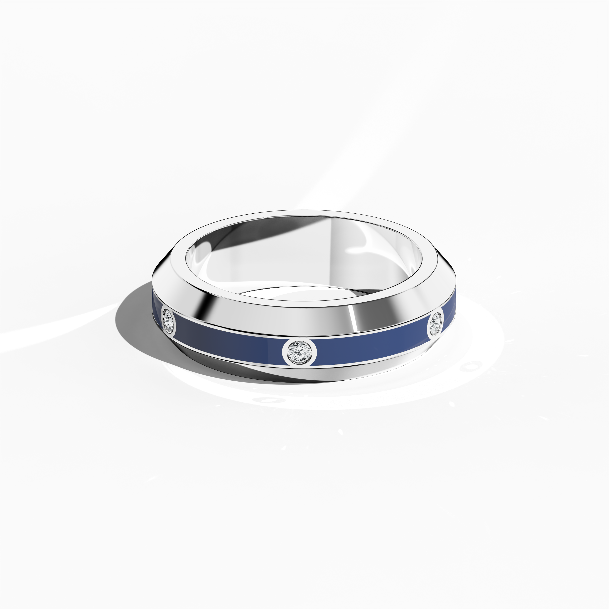 Captured in a sleeping front top view, this exquisite white gold six diamond center step enamel ring with striking blue glossy enamel presents a refined, flat profile. The 0.20-carat diamond center line glitters under soft lighting, reflecting the celebrated ‘Sterling Radiance’ and ‘Icy Blue Brilliance’ design identities known for their international allure and modern luxury. Keywords: enamel ring, blue gold, diamond accent, luxury, designer jewelry, modern, sophisticated.