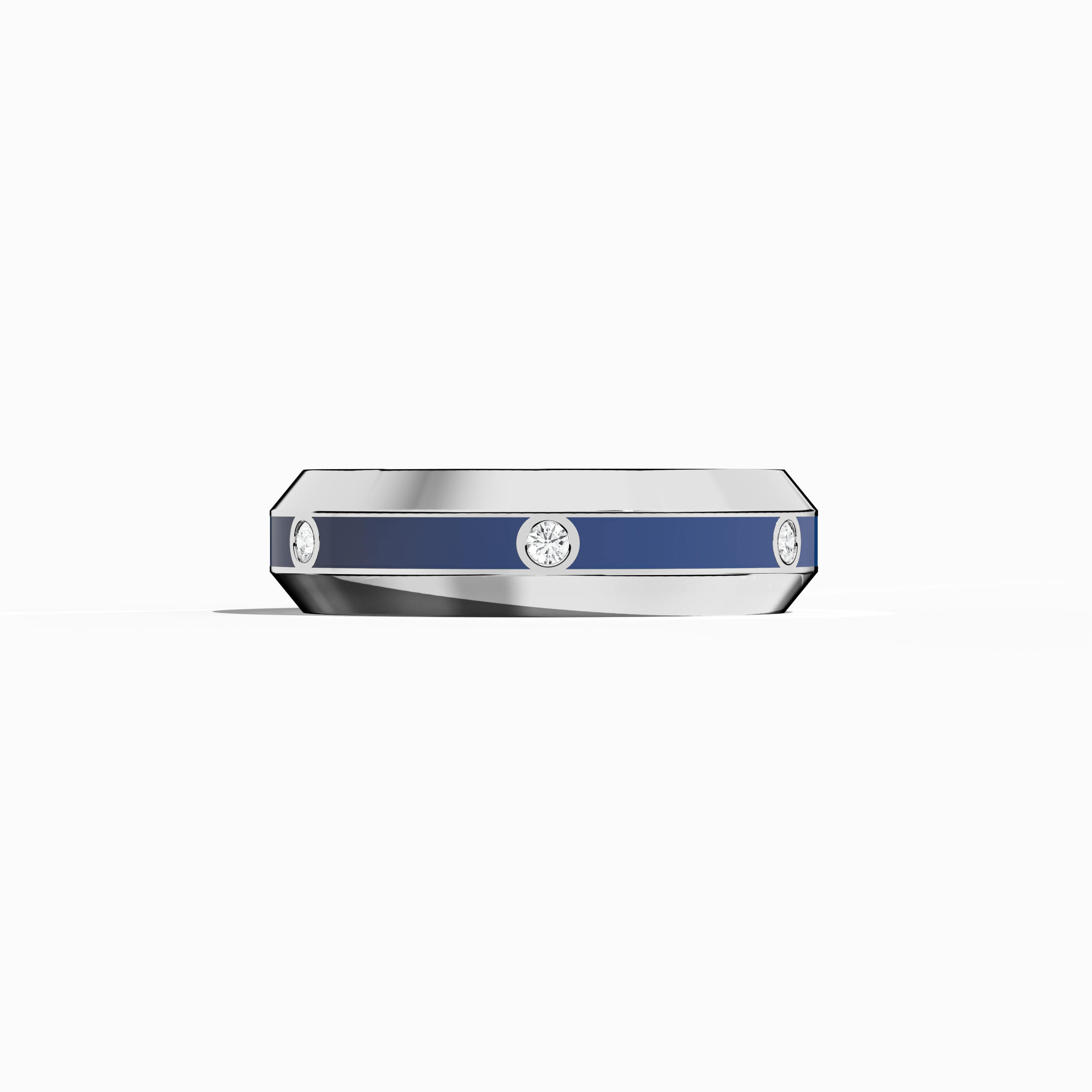 This six diamond center step enamel ring in white gold with vibrant blue glossy enamel is shown in a sleeping front view. The elegant band, featuring a 0.20-carat diamond line, epitomizes precision and luxury. Recognized as ‘Sterling Radiance’ or ‘Icy Blue Brilliance’ in diverse design lexicons, its modern yet timeless style is perfectly captured. Keywords: white gold, blue enamel, diamond ring, luxury jewelry, fine craftsmanship, designer, modern elegance.