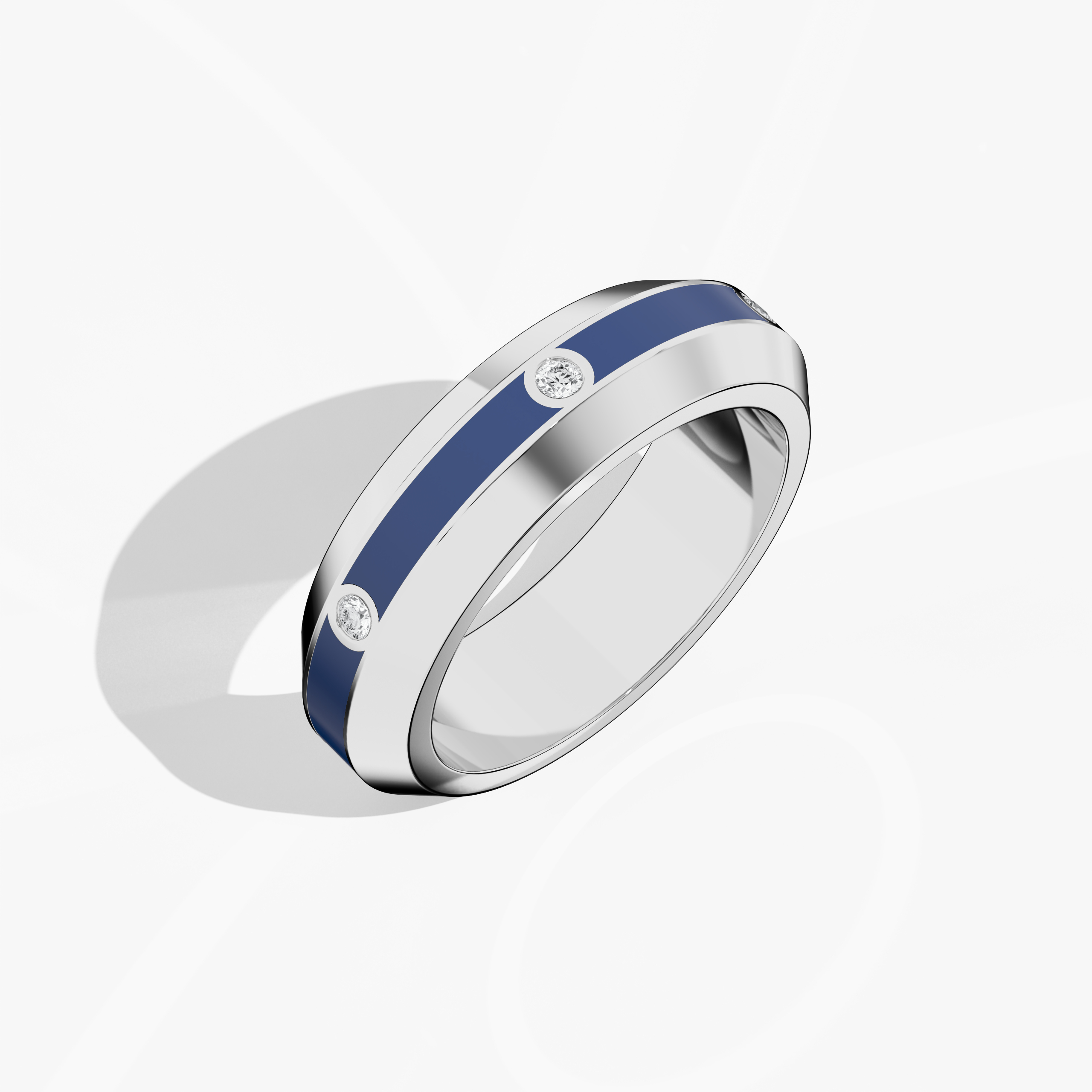 Shown from a standing front top side view, the six diamond center step enamel ring in white gold with a bold blue glossy enamel finish reveals its dynamic contours and precision-set 0.20-carat diamond line. This design, also labeled ‘Sterling Radiance’ or ‘Icy Blue Brilliance,’ merges contemporary flair with enduring elegance, emphasizing premium craftsmanship and refined artistry. Keywords: white gold ring, enamel, diamond detail, luxury jewelry, modern design, elegant, high-end.