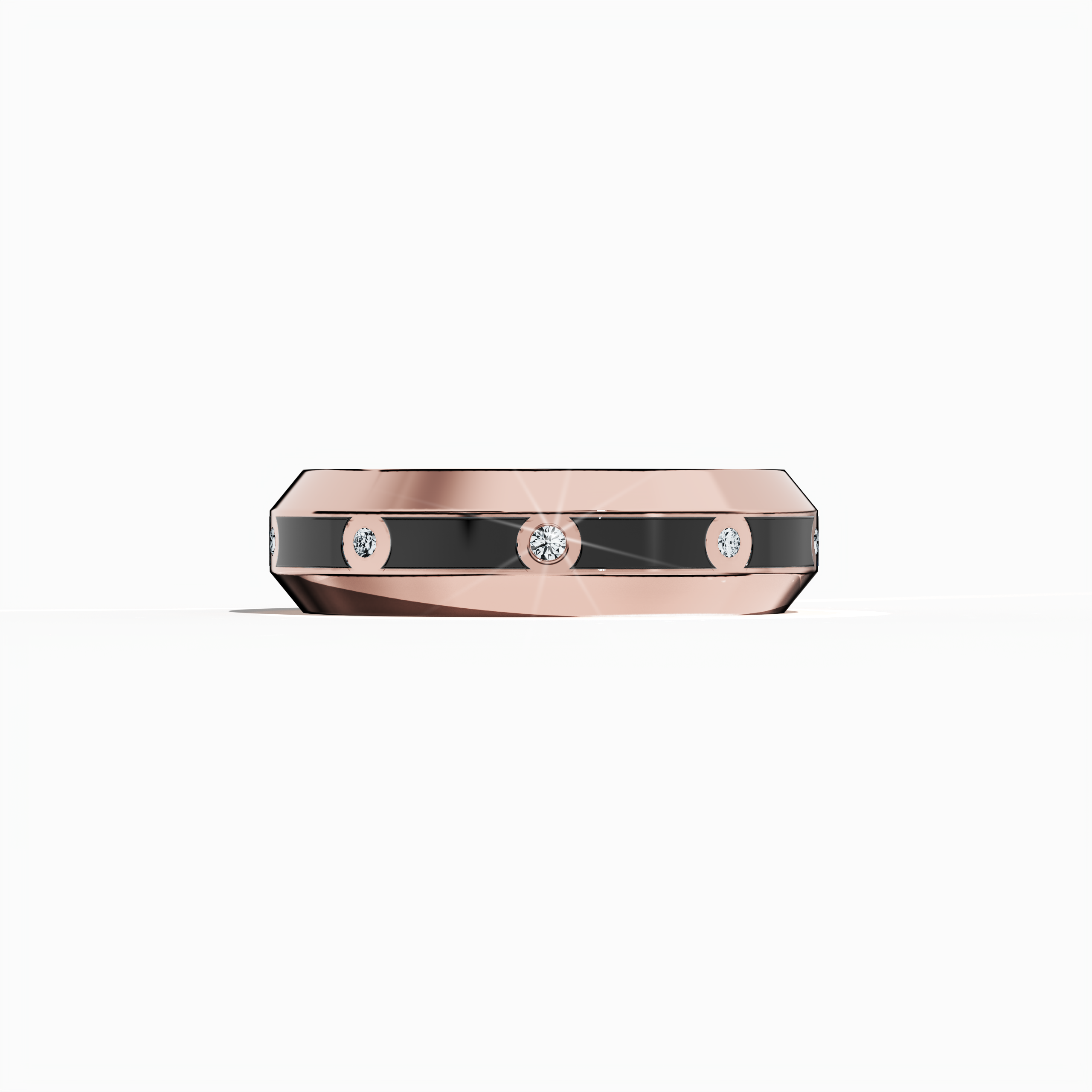 This stunning nine diamond center step enamel ring in rose gold with a dramatic black glossy enamel finish is captured in a sleeping front view. The band, adorned with a 0.30-carat diamond line, exemplifies exquisite craftsmanship. Known as ‘Blush Elegance’ or ‘Rose Noir Splendor’ in various design circles, the piece merges vintage charm with modern luxury. Keywords: rose gold ring, enamel, diamond, luxury jewelry, designer, fine craftsmanship, modern, elegant.