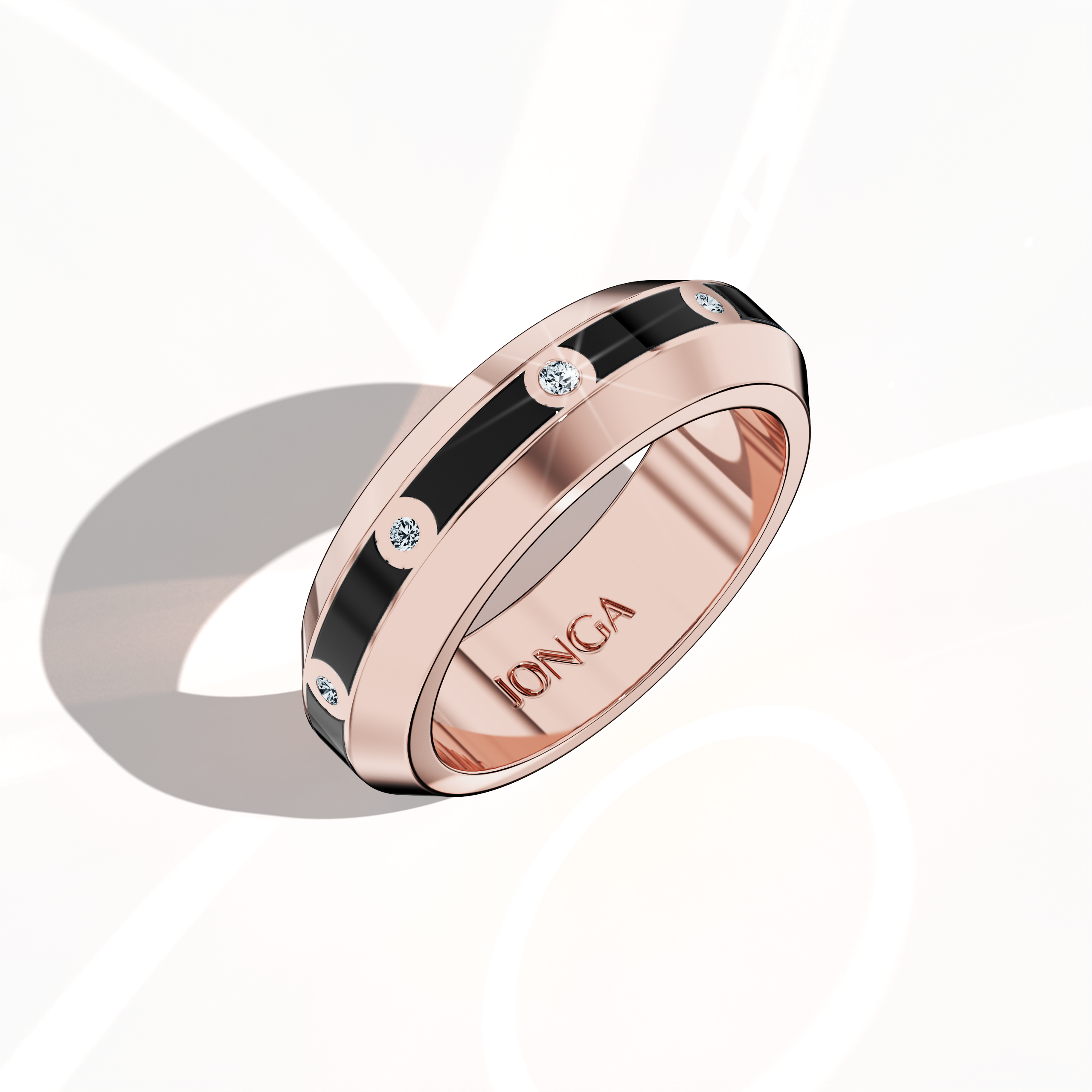 From a standing front top side view, the nine diamond center step enamel ring in rose gold with bold black glossy enamel is showcased with an emphasis on its sculpted contours and 0.30-carat diamond detail. The design, bearing names like ‘Blush Elegance’ and ‘Rose Noir Splendor,’ embodies an innovative twist on classic luxury, merging modern precision with timeless style. Keywords: rose gold ring, enamel finish, diamond accent, luxury jewelry, modern design, elegant, high-end.