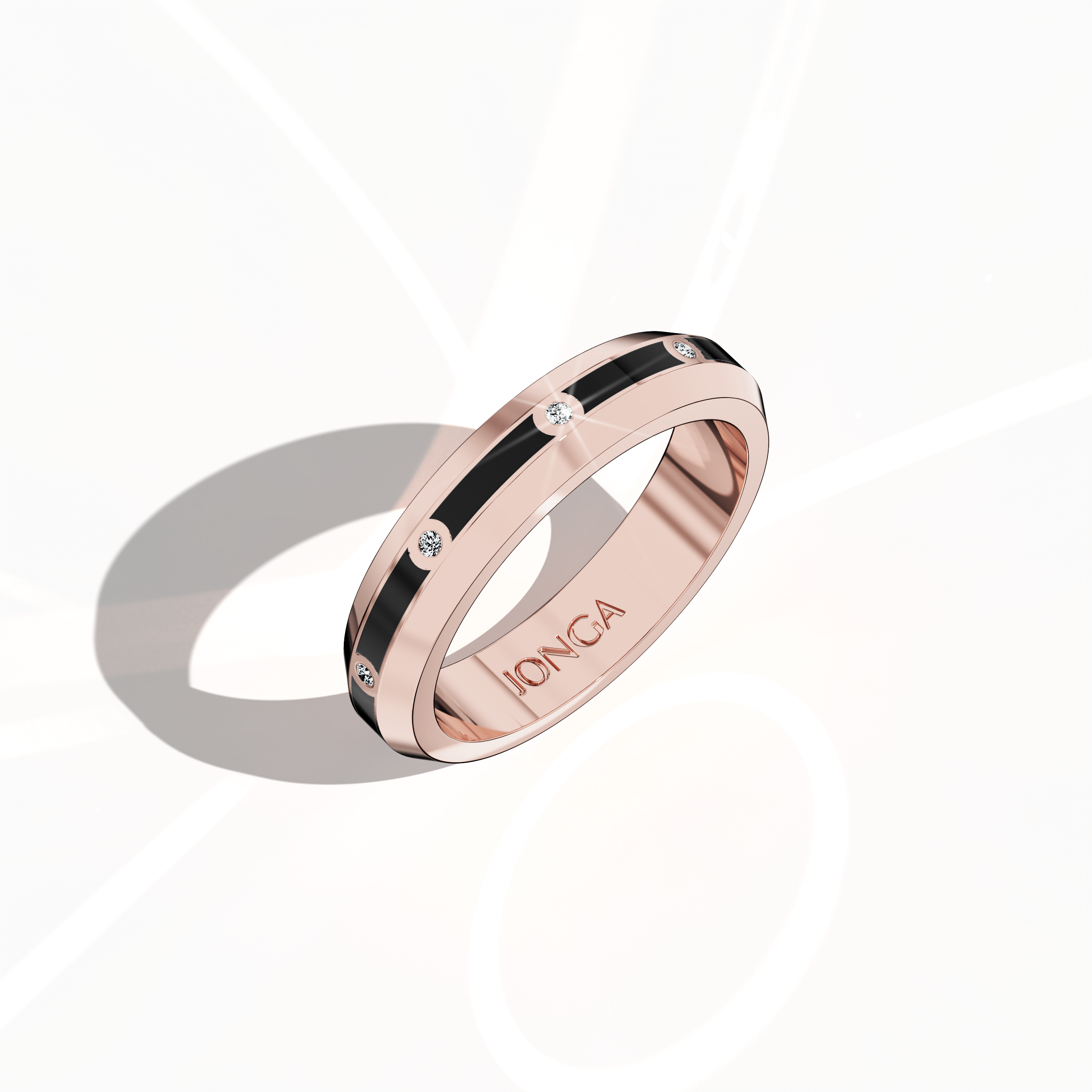 Showcased in a standing front top side view, this rose gold nine diamond center step enamel ring presents a dynamic silhouette with nine evenly spaced diamonds (0.10 carats) and a contrasting black glossy enamel finish. Referred to as “Timeless Radiance,” “Celestial Emblem,” and “Eternal Sparkle,” and marked by alternative rose gold nomenclatures, it embodies sophisticated luxury and contemporary elegance. Keywords: chic, refined, artistic, modern, high-end.