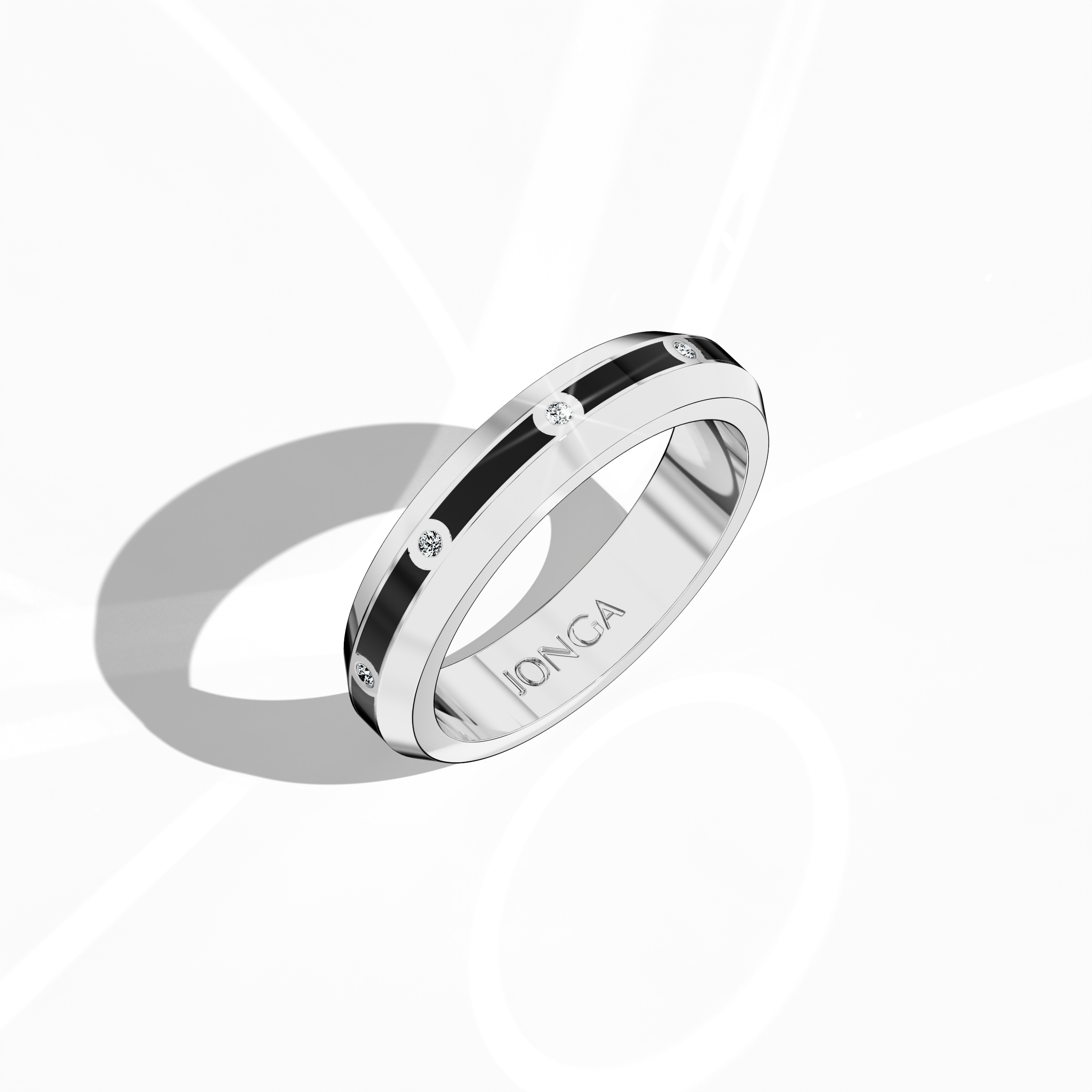 In a standing front top side view, the elegant white gold nine diamond center step enamel ring is showcased with a dynamic profile emphasizing its linear diamond arrangement (0.10 carats) and a deep black glossy enamel finish. Recognized as “Timeless Radiance,” “Celestial Emblem,” and “Eternal Sparkle,” and noted for its alternate gold descriptor “Auric White,” the design epitomizes modern luxury and classic refinement. Keywords: sleek, chic, artistic, high-end, timeless.
