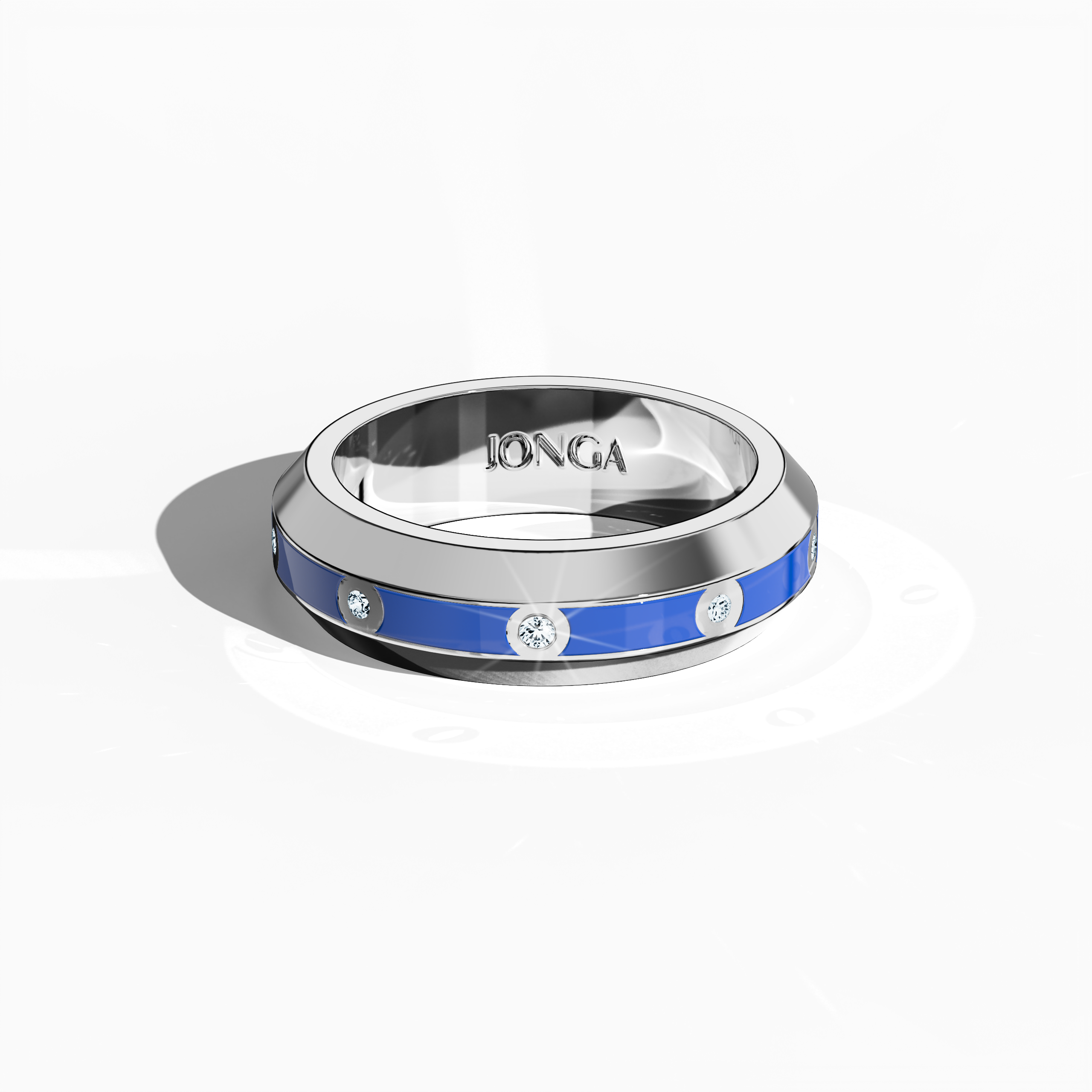 Captured in a sleeping front top view, this exquisite white gold nine diamond center step enamel ring with striking blue glossy enamel presents a refined, flat profile. The 0.30-carat diamond center line glitters under soft lighting, reflecting the celebrated ‘Sterling Radiance’ and ‘Icy Blue Brilliance’ design identities known for their international allure and modern luxury. Keywords: enamel ring, blue gold, diamond accent, luxury, designer jewelry, modern, sophisticated.