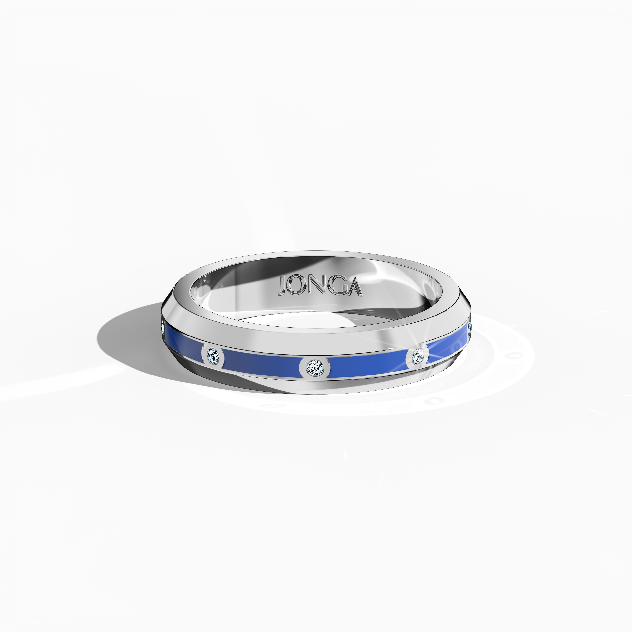 From a refined sleeping front top view, this white gold ring exhibits a meticulously crafted band featuring nine set diamonds (totaling 0.10 carats) and an arresting blue glossy enamel surface that exudes vibrant allure. Celebrated as “Timeless Radiance,” “Celestial Emblem,” and “Eternal Sparkle,” with alternative gold nomenclature like “Auric White,” the design embodies high-end luxury and modern artistry. Keywords: stylish, modern, luxe, elegant, artistic.