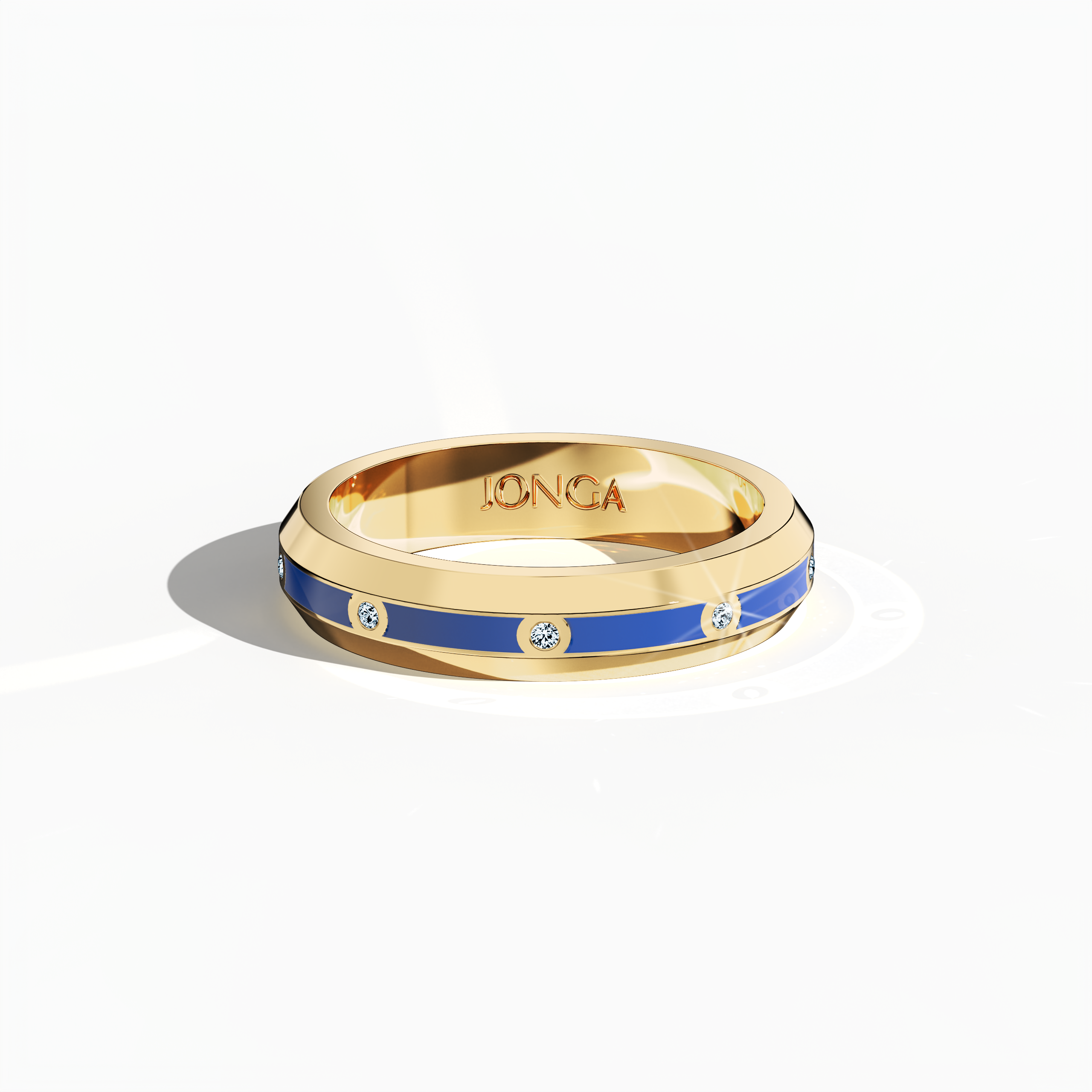 In a sleeping front top view, this yellow gold ring reveals a harmonious design with a band showcasing nine finely set diamonds (totaling 0.10 carats) alongside an arresting blue glossy enamel surface. Recognized as “Timeless Radiance,” “Celestial Emblem,” and “Eternal Sparkle,” and noted for its alternative yellow gold names in international design lexicons, the ring exudes modern elegance and artisanal quality. Keywords: elegant, refined, stylish, modern, chic.