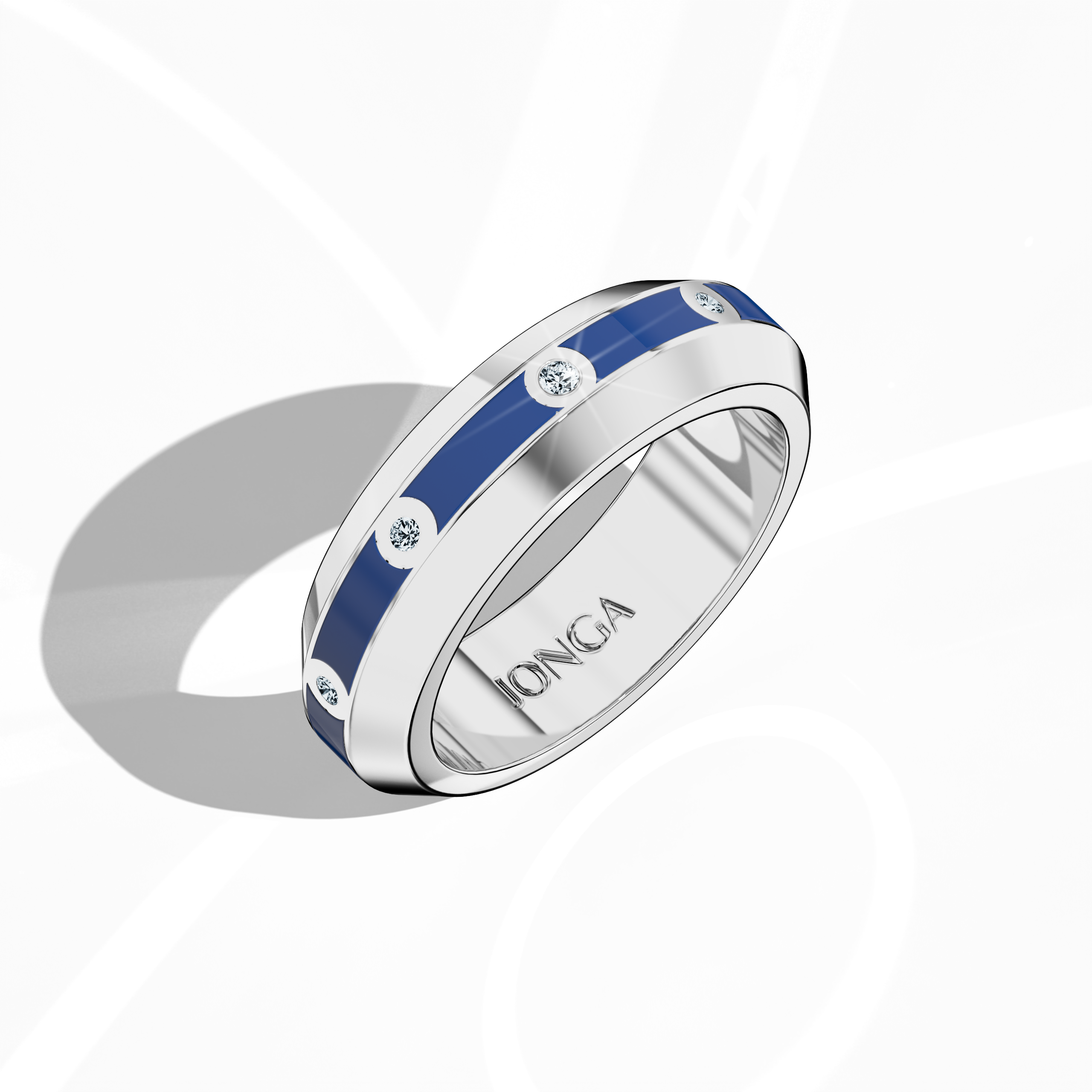 Shown from a standing front top side view, the nine diamond center step enamel ring in white gold with a bold blue glossy enamel finish reveals its dynamic contours and precision-set 0.30-carat diamond line. This design, also labeled ‘Sterling Radiance’ or ‘Icy Blue Brilliance,’ merges contemporary flair with enduring elegance, emphasizing premium craftsmanship and refined artistry. Keywords: white gold ring, enamel, diamond detail, luxury jewelry, modern design, elegant, high-end.