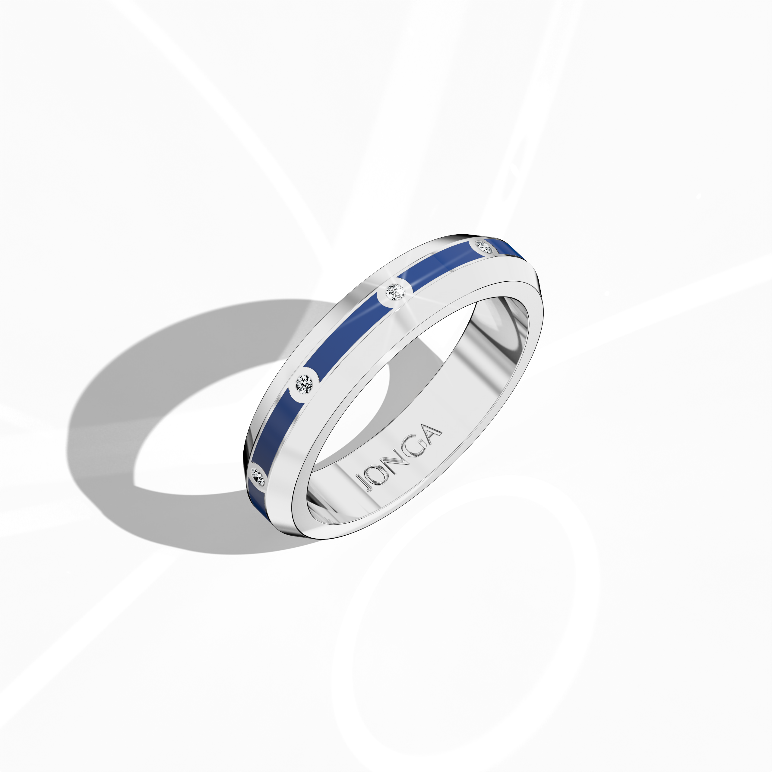In a standing front top side view, the white gold nine diamond center step enamel ring is presented with a dynamic profile that accentuates its nine carefully set diamonds (0.10 carats) and a luminous blue glossy enamel finish. Known as “Timeless Radiance,” “Celestial Emblem,” and “Eternal Sparkle,” with the alternative gold term “Auric White” featured in international lexicons, it exudes refined craftsmanship and contemporary chic. Keywords: elegant, sleek, modern, high-end, refined.