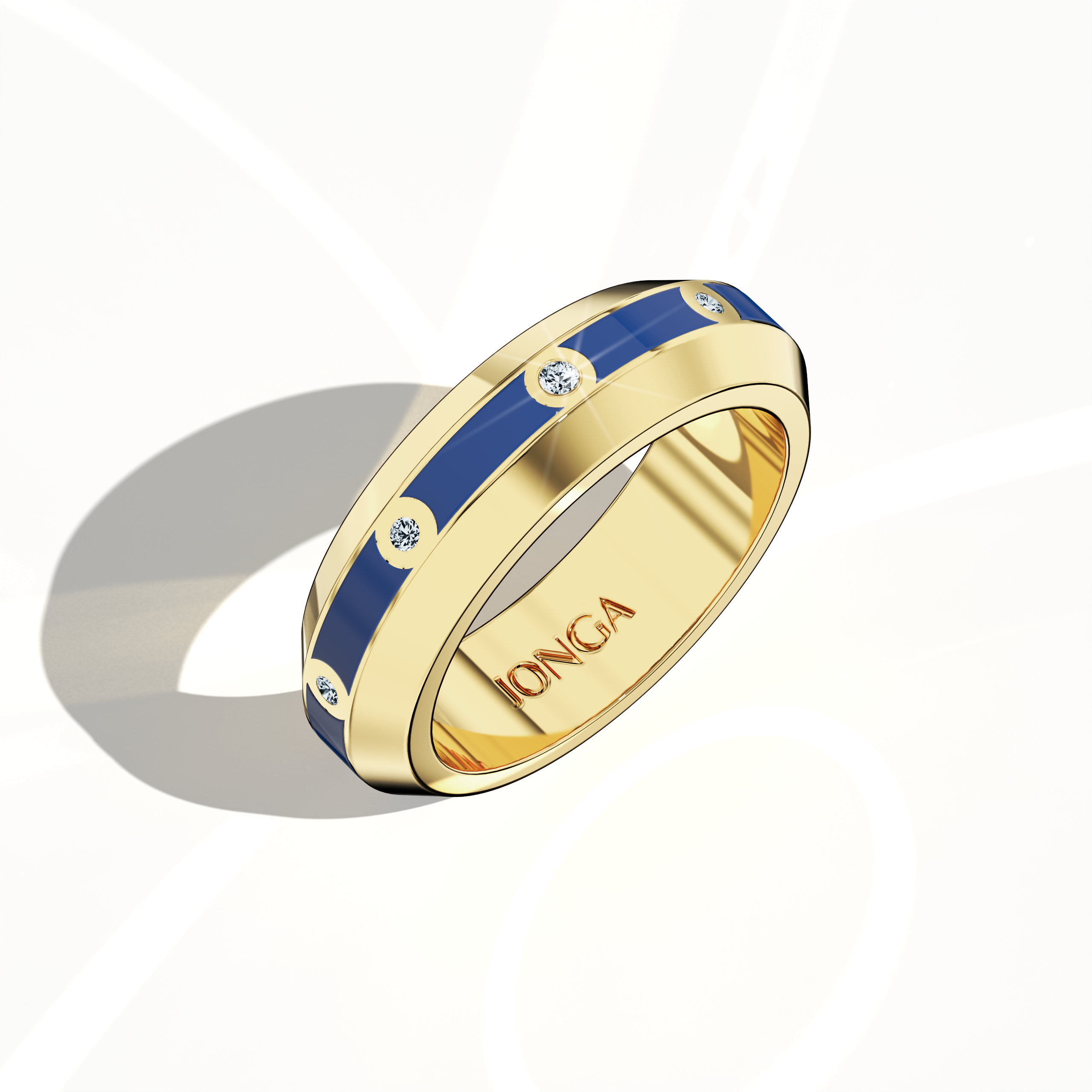 Captured in a sleeping front top view, this exquisite yellow gold nine diamond center step enamel ring with striking blue glossy enamel presents a refined, flat profile. The 0.30-carat diamond center line glitters under soft lighting, reflecting the celebrated ‘Sterling Radiance’ and ‘Icy Blue Brilliance’ design identities known for their international allure and modern luxury. Keywords: enamel ring, blue gold, diamond accent, luxury, designer jewelry, modern, sophisticated.