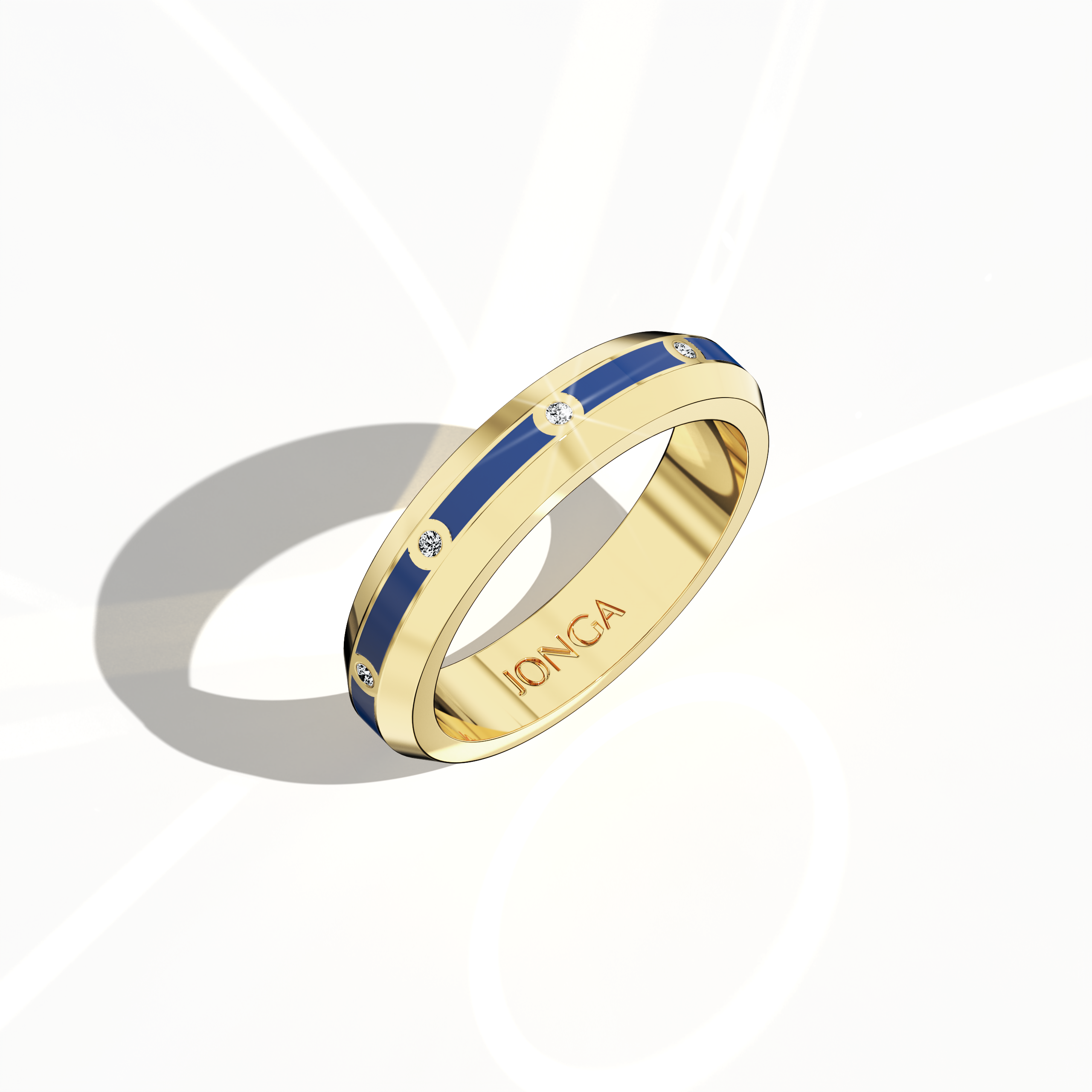 Shown in a standing front top side view, the yellow gold nine diamond center step enamel ring impresses with its sleek profile, featuring nine uniformly placed diamonds (0.10 carats) and a vibrant blue glossy enamel finish. Known as “Timeless Radiance,” “Celestial Emblem,” and “Eternal Sparkle,” with alternative yellow gold terms from diverse design traditions, it radiates contemporary luxury, refined craftsmanship, and artistic allure. Keywords: elegant, chic, modern, sophisticated, high-end.