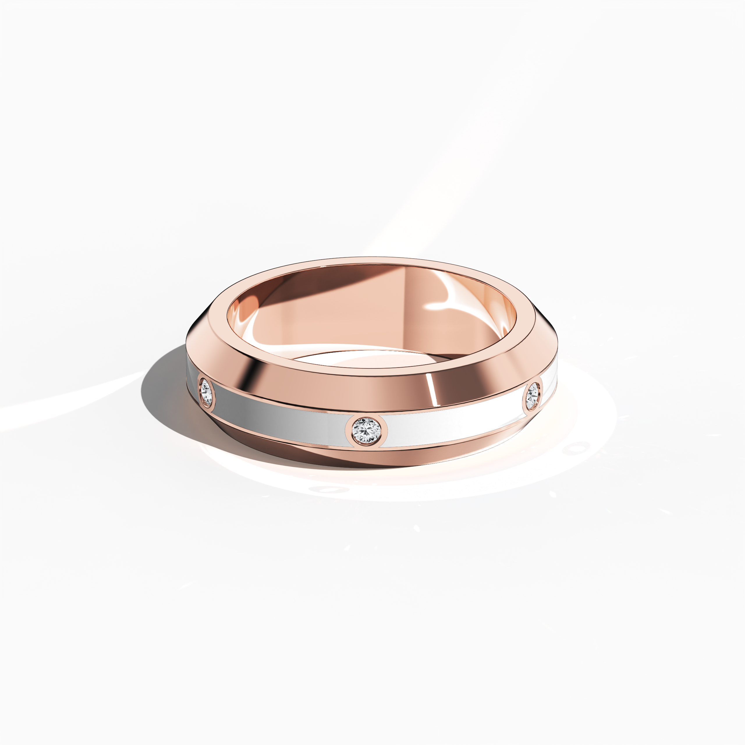 In a sleeping front top view, the rose gold six diamond center step enamel ring with luminous white glossy enamel displays a flat, elegant profile and a centrally aligned 0.20-carat diamond row. Celebrated as ‘Blush Elegance’ and ‘Rose Ivory Radiance,’ the design marries contemporary innovation with classic allure for a look that is both luxurious and artfully modern. Keywords: rose gold ring, enamel, diamond, luxury jewelry, modern design, designer, elegant, sophisticated.