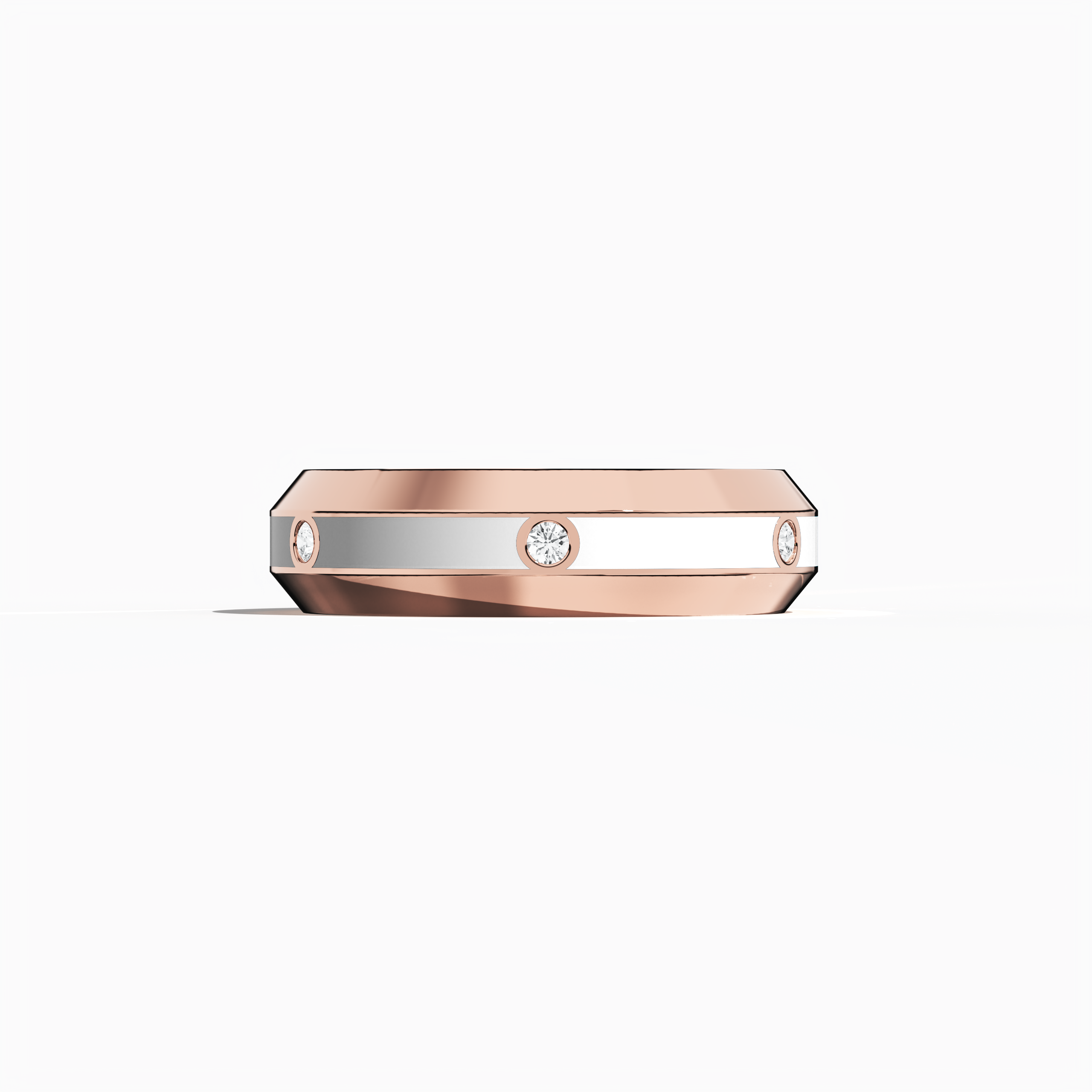 This refined six diamond center step enamel ring in rose gold paired with pristine white glossy enamel is depicted in a sleeping front view. The band’s 0.20-carat diamond line shines with precision, underscoring a design known as ‘Blush Elegance’ or ‘Rose Ivory Radiance’ in international design vocabularies. Its harmonious blend of soft hues and modern luxury exemplifies fine craftsmanship and timeless beauty. Keywords: rose gold, white enamel, diamond ring, luxury, designer, modern, elegant, refined.