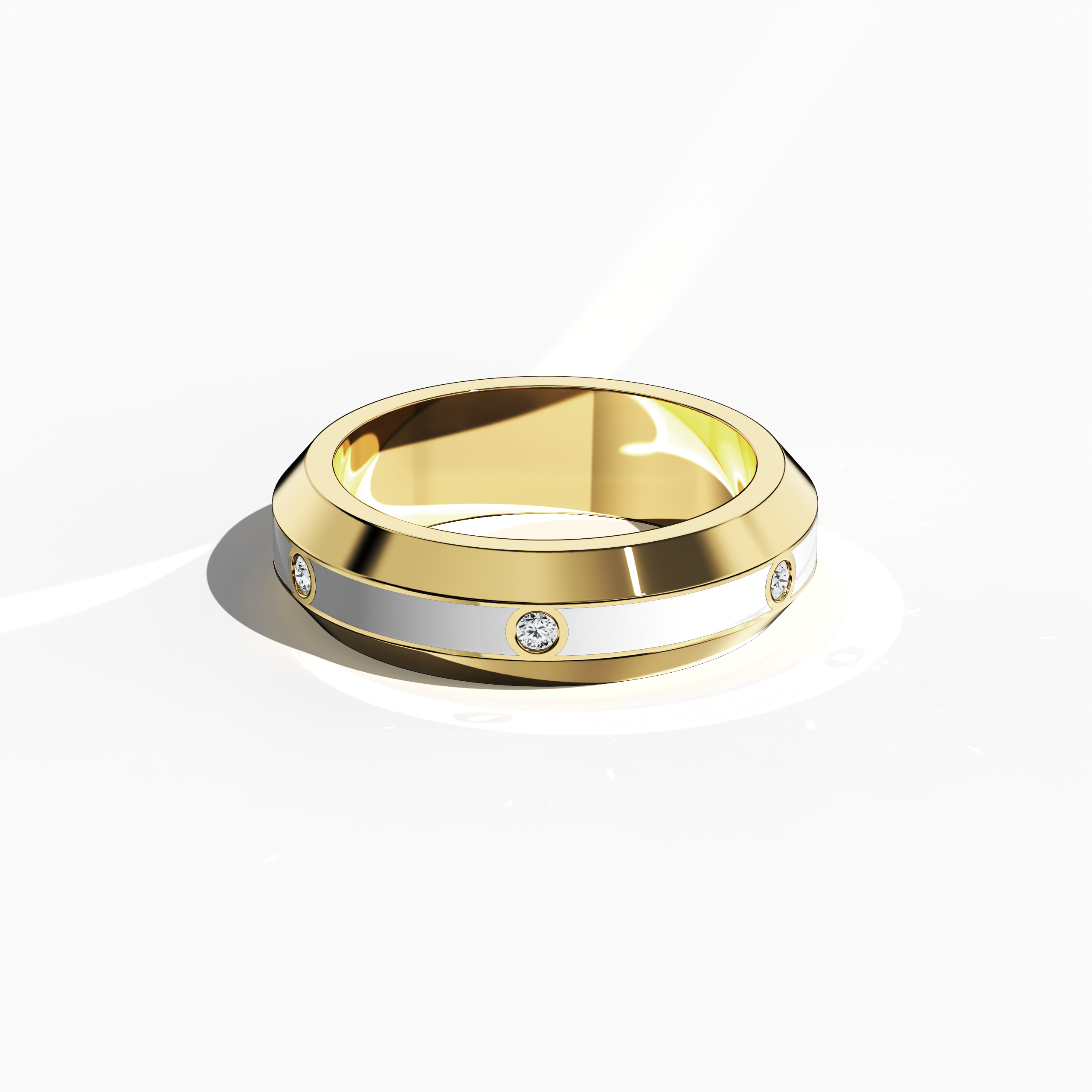 Displayed in a sleeping front top view, the yellow gold six diamond center step enamel ring with luminous white glossy enamel reveals an immaculate flat presentation. The 0.20-carat diamond center line shines brilliantly, underscoring the piece’s identity as ‘Golden Classic’ or ‘Sunlit Heritage’—a design celebrated for its fusion of contemporary style and enduring luxury. Keywords: yellow gold, enamel, diamond, luxury, modern, designer, elegant, fine craftsmanship.