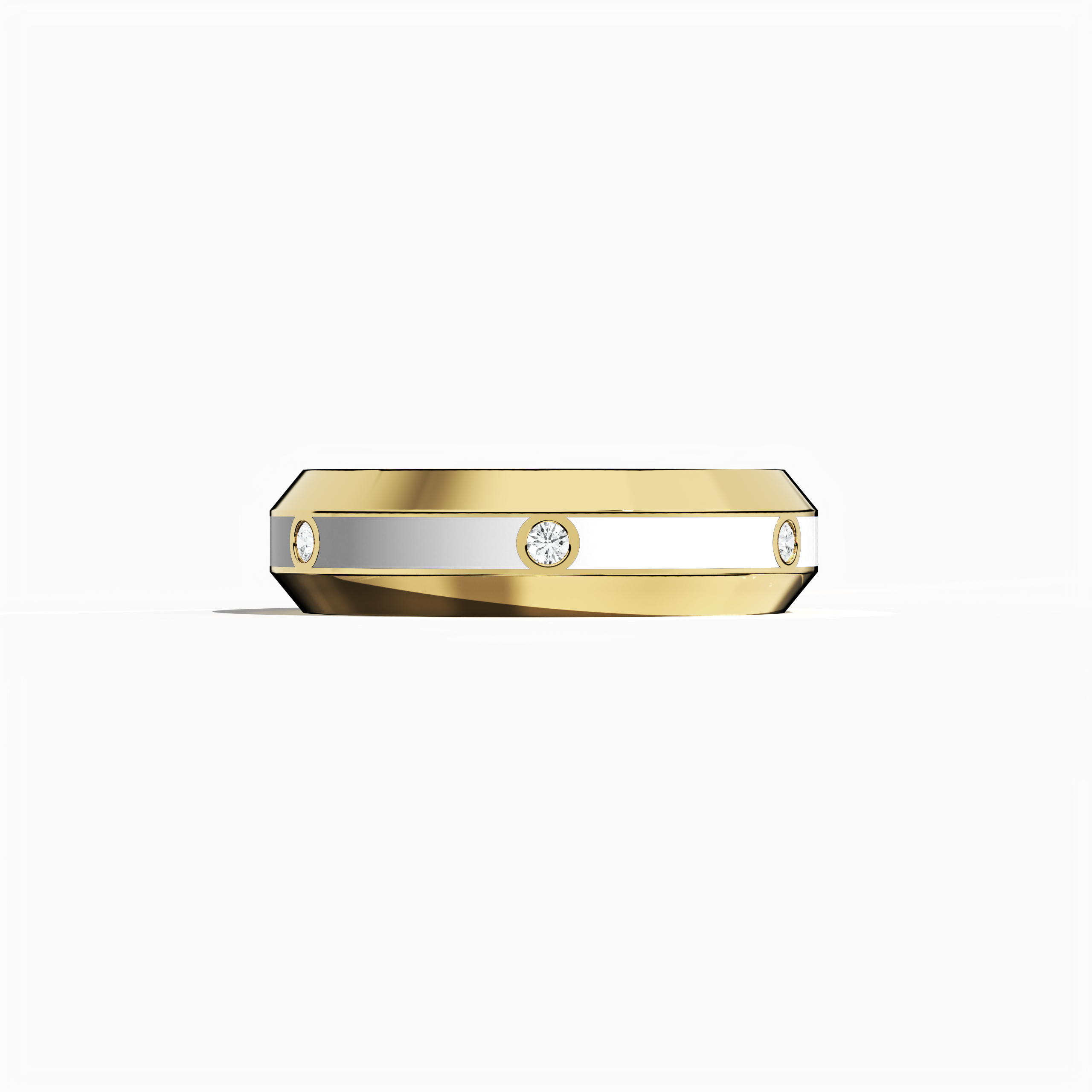 This six diamond center step enamel ring in yellow gold with crisp white glossy enamel is shown in a sleeping front view, emphasizing its smooth, flat profile and a precisely set 0.20-carat diamond line. The design, known as ‘Golden Classic’ or ‘Sunlit Heritage’ in refined design lexicons, combines warm hues with modern luxury, reflecting impeccable craftsmanship and timeless elegance. Keywords: yellow gold, white enamel, diamond ring, luxury jewelry, modern design, designer, elegant, refined.