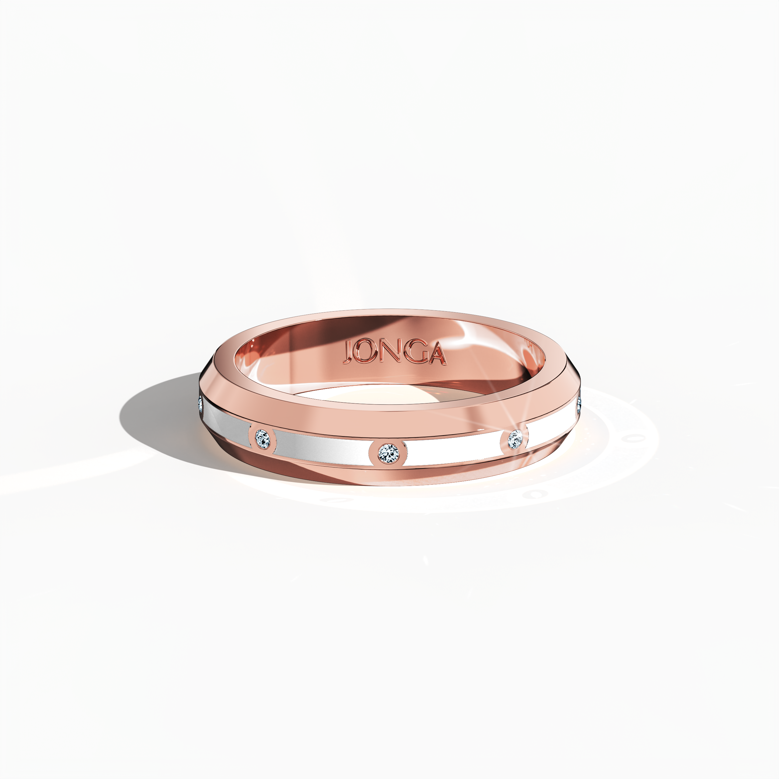 Captured from a sleeping front top view, the rose gold ring displays a harmonious design featuring nine finely set diamonds (totaling 0.10 carats) along a band finished in luminous white glossy enamel. Recognized as “Timeless Radiance,” “Celestial Emblem,” and “Eternal Sparkle,” with alternative rose gold nomenclature found in diverse design lexicons, the ring radiates refined luxury and artistic finesse. Keywords: stylish, modern, elegant, high-end, classic.
