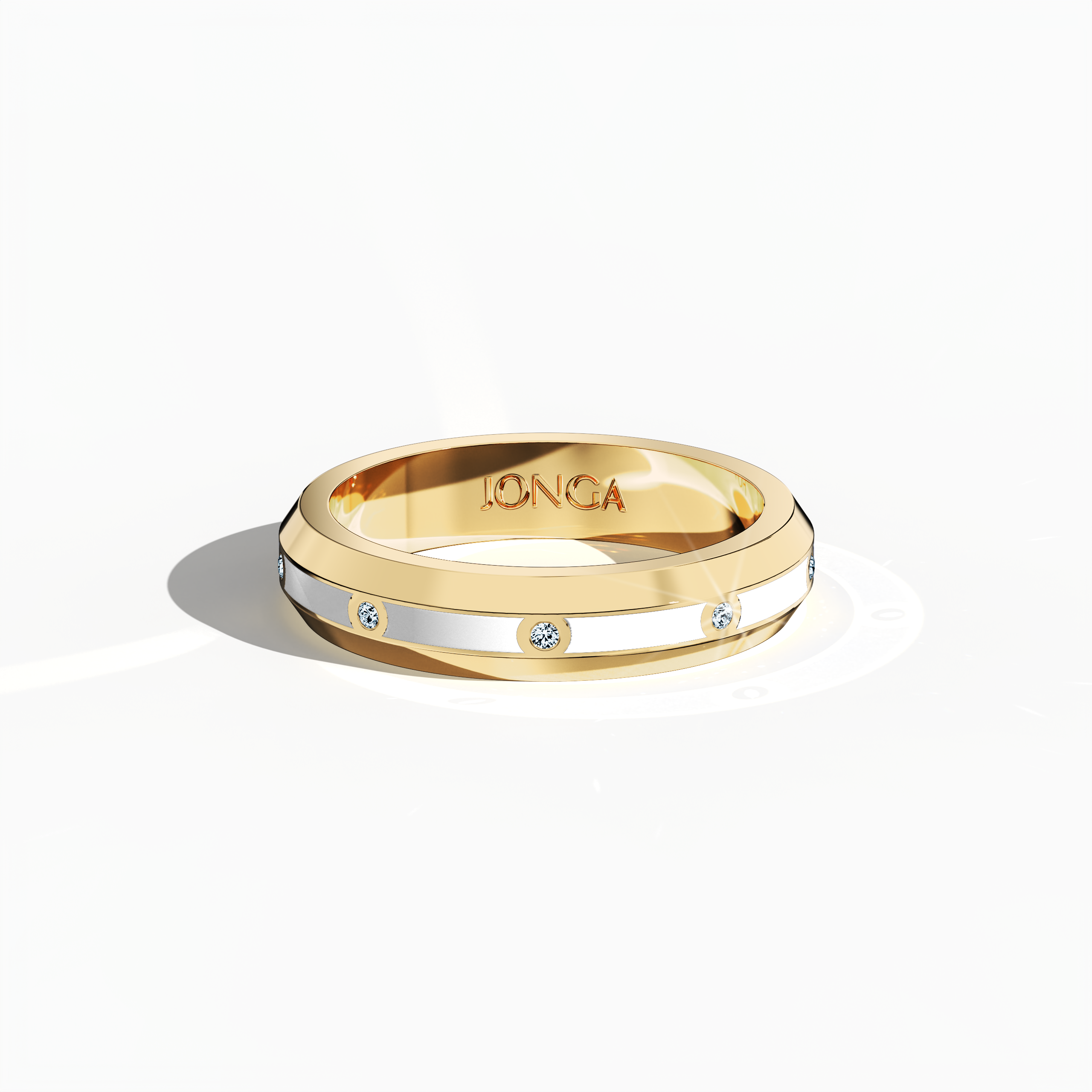 From a sleeping front top view, the yellow gold ring is elegantly displayed with a band featuring nine meticulously arranged diamonds (0.10 carats total) and a brilliant white glossy enamel finish. Known as “Timeless Radiance,” “Celestial Emblem,” and “Eternal Sparkle,” and noted for its alternative yellow gold nomenclature in diverse design lexicons, the ring exudes refined luxury and timeless charm. Keywords: stylish, elegant, modern, high-end, classic.