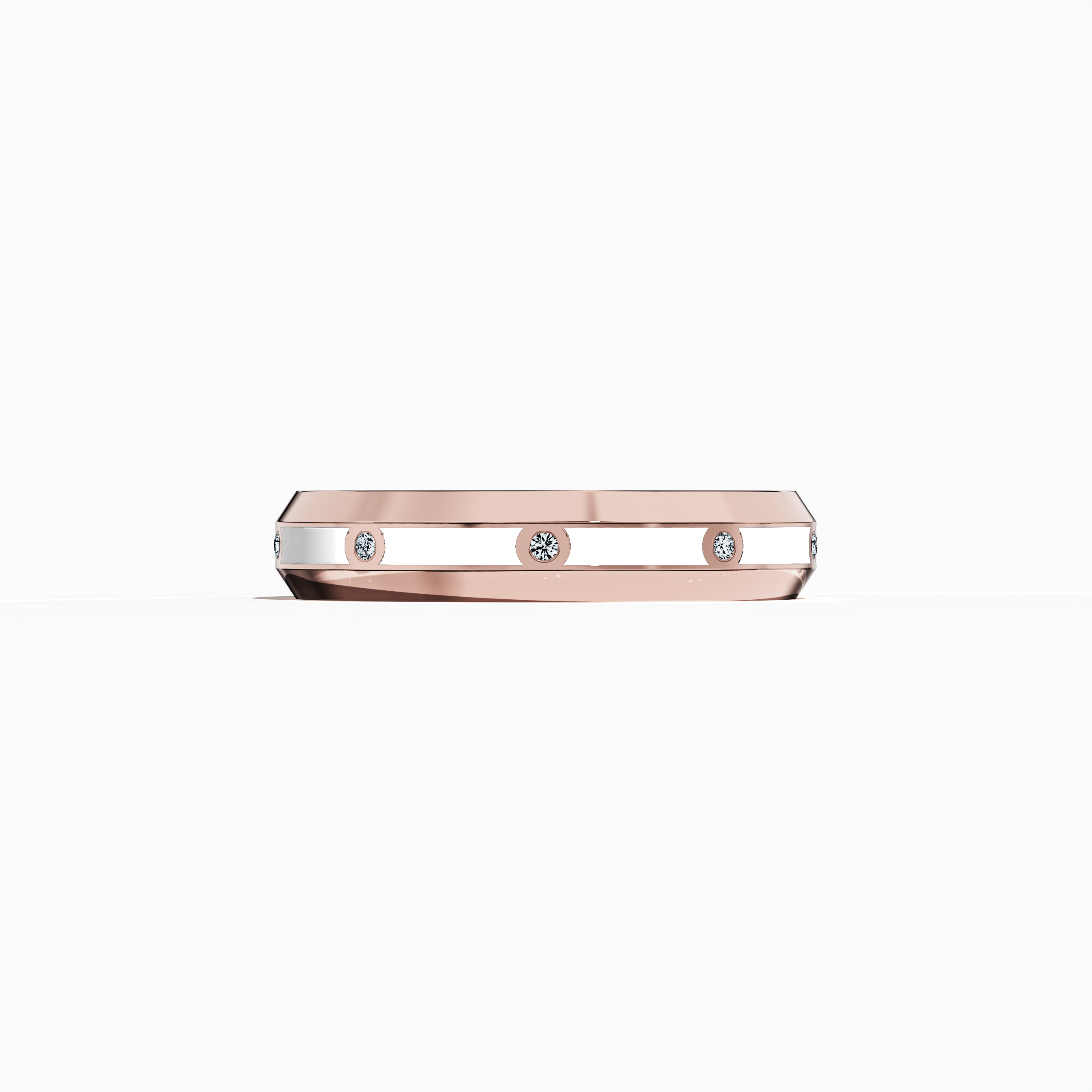 In this image, a luxurious rose gold nine diamond center step enamel ring is shown in a sleeping front view. The sleek band, set with nine precisely aligned diamonds (0.10 carats total), is accented by a pristine white glossy enamel finish. Esteemed as “Timeless Radiance,” “Celestial Emblem,” and “Eternal Sparkle,” and noted for alternative rose gold descriptors in international design circles, the ring exudes modern sophistication and timeless elegance. Keywords: elegant, refined, chic, modern, luxurious.