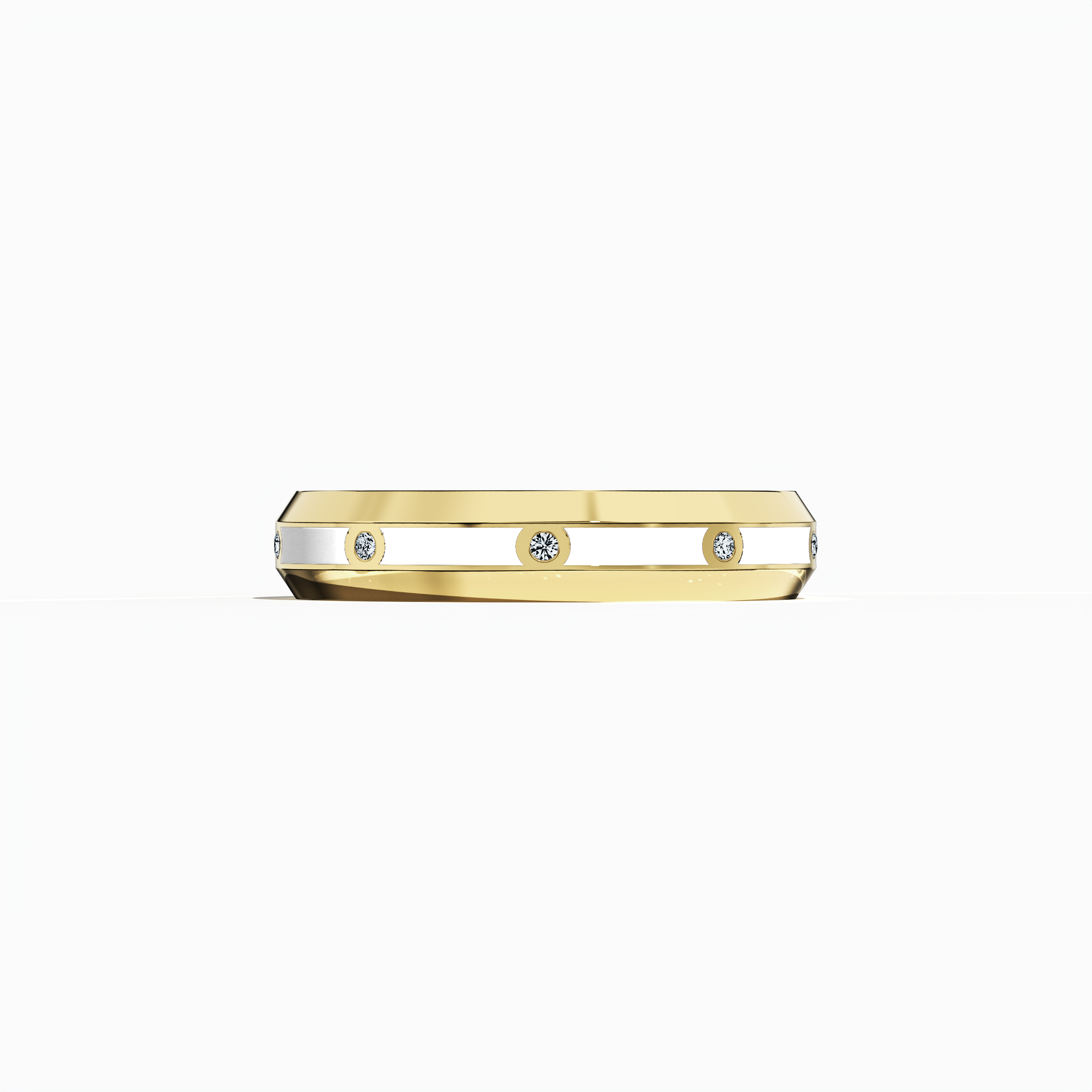 This image features a striking yellow gold nine diamond center step enamel ring in a sleeping front view, showcasing a refined band with nine expertly set diamonds (totaling 0.10 carats) paired with a crisp white glossy enamel finish. Celebrated as “Timeless Radiance,” “Celestial Emblem,” and “Eternal Sparkle,” and recognized by alternative yellow gold terms in international design circles, the ring radiates modern elegance and artisanal luxury. Keywords: elegant, chic, refined, modern, dazzling.