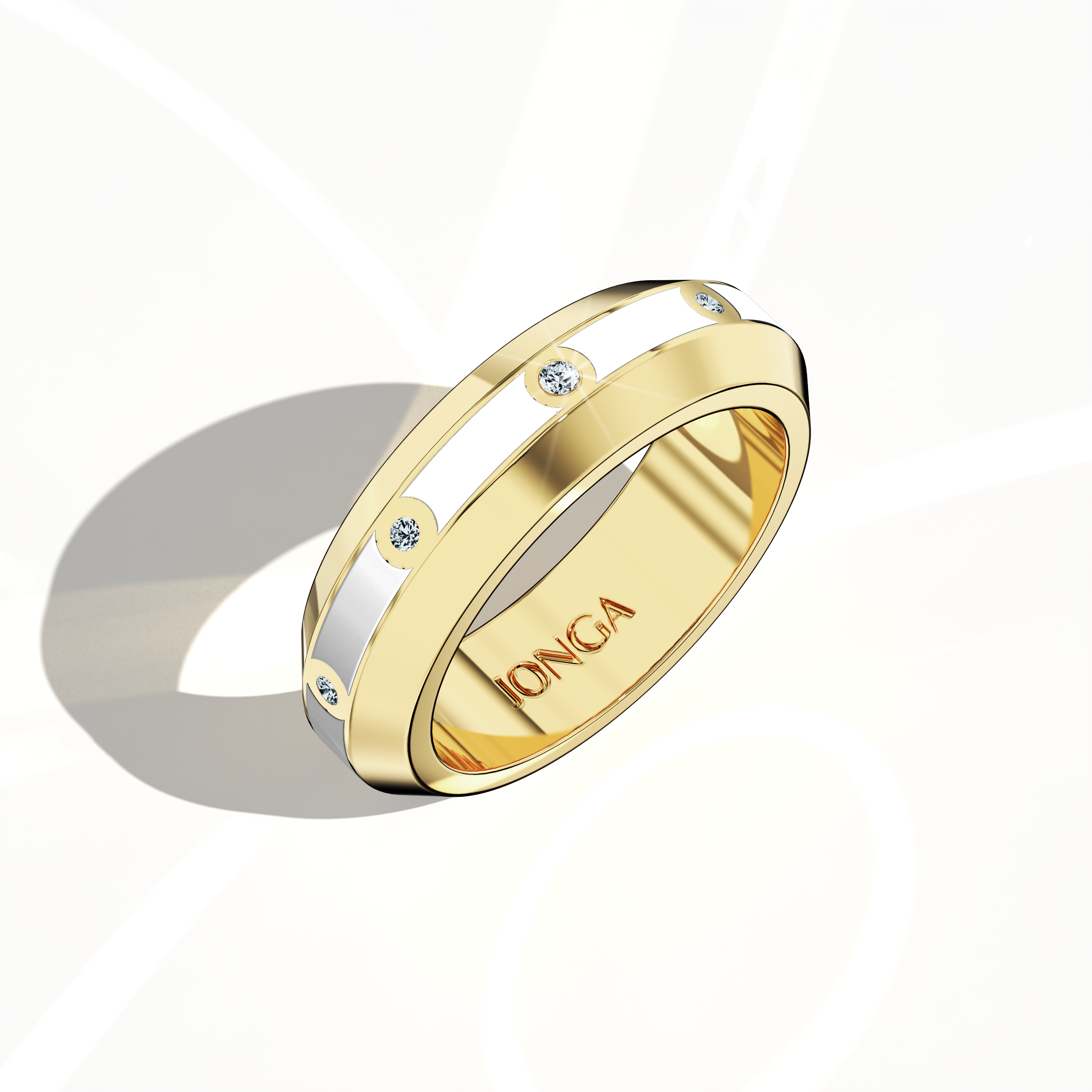 From a standing front top side view, this nine diamond center step enamel ring in yellow gold with a radiant white glossy enamel finish is showcased with detailed precision. Its 0.30-carat diamond line, integral to the ‘Golden Classic’ or ‘Sunlit Heritage’ design, highlights a perfect blend of modern sophistication and timeless luxury, reflecting exceptional artistry and refined craftsmanship. Keywords: yellow gold, white enamel, diamond ring, luxury, designer, modern, elegant, high-end.