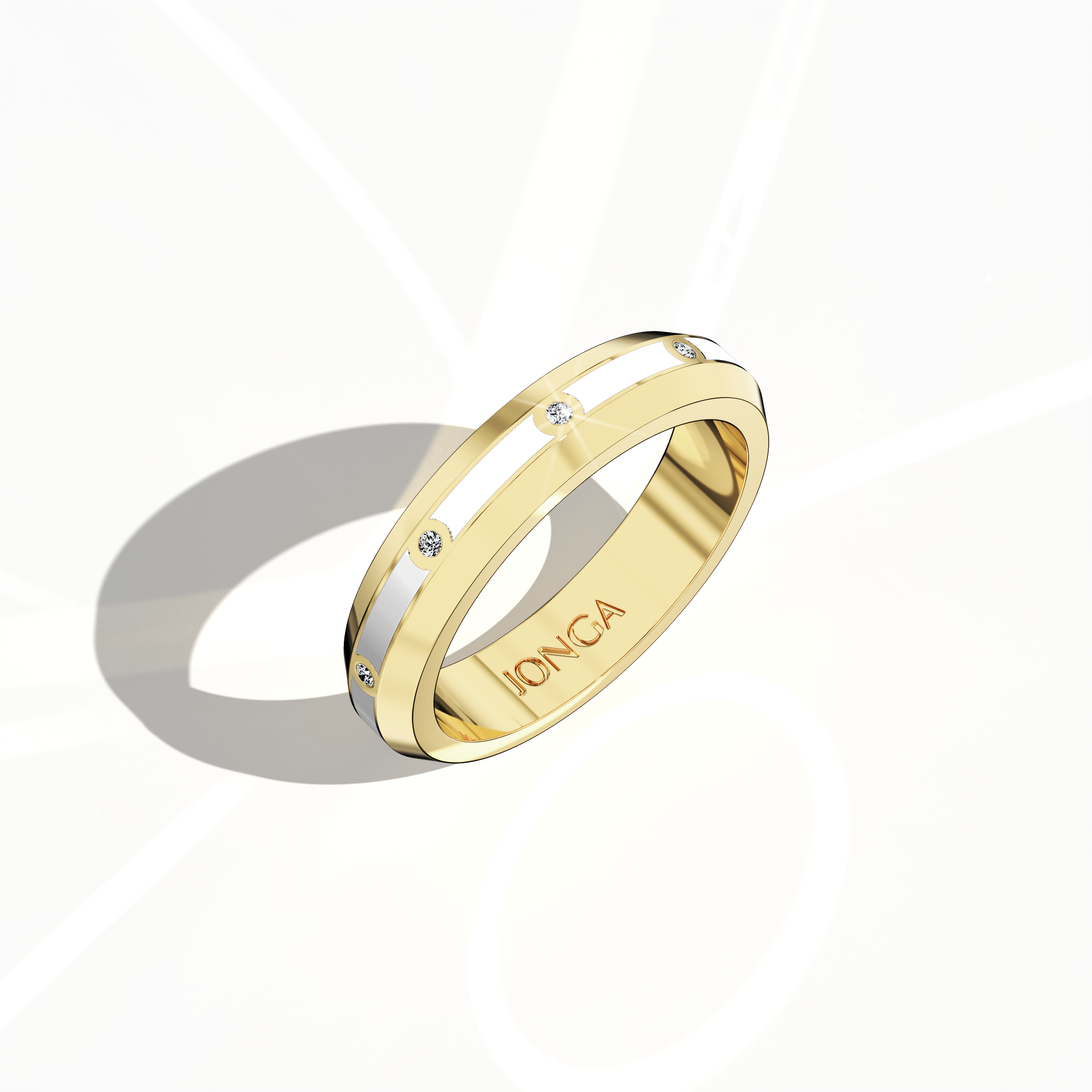 In a standing front top side view, this yellow gold nine diamond center step enamel ring presents a striking profile with nine uniformly set diamonds (totaling 0.10 carats) and an immaculate white glossy enamel surface. Regarded as “Timeless Radiance,” “Celestial Emblem,” and “Eternal Sparkle,” and featuring alternative yellow gold terms from international design traditions, it exudes modern elegance and refined sophistication. Keywords: chic, refined, elegant, modern, high-end.