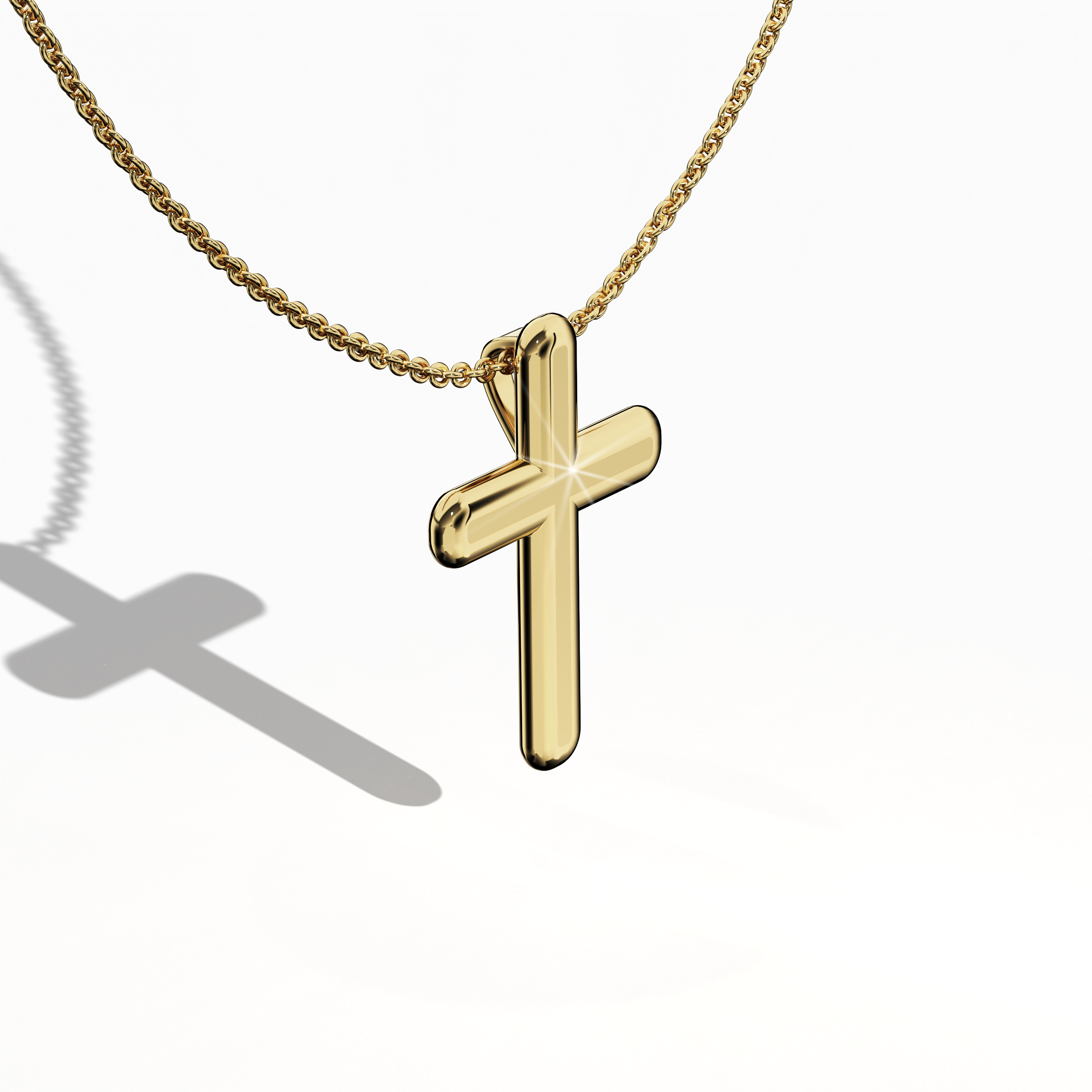 Front top side view of a cross pendant in gleaming yellow gold, often called traditional or golden‑toned metal elsewhere. Recognized as a holy cross, faith necklace, or spiritual pendant, it reveals smooth contours and meticulous detailing from this angled vantage. Its luminous finish underscores a harmonious blend of sacred tradition and contemporary appeal.
Keywords: cross pendant, yellow gold, holy cross, polished accessory.