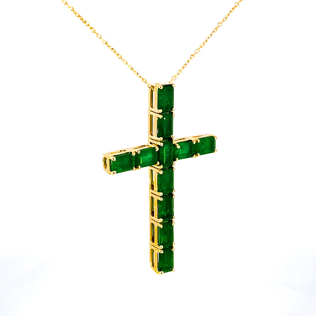 Green Emerald Cross Pendent in yellow gold