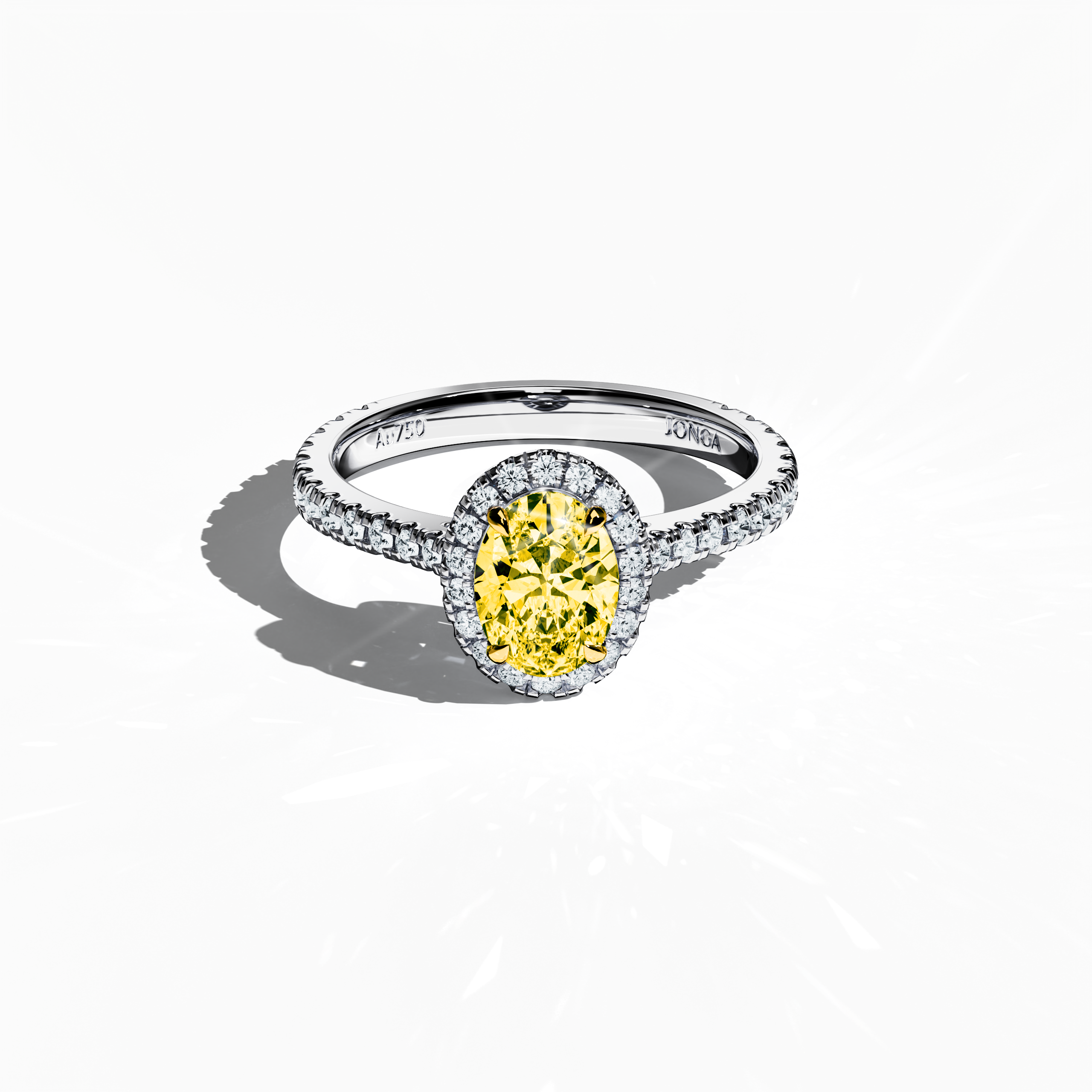 Seen from a gentle sleeping front top angle, this exquisite halo paved ring in luminous white gold features a dazzling 1 carat yellow oval‐cut diamond center embraced by a 0.60 carat halo of shimmering side stones, summing to 1.60 carats of mesmerizing brilliance. Infused with Classic Halo, Modern Halo, Vintage Halo, Contemporary Halo, and Eternity Halo design elements alongside oval and brilliant cut accents, its silvery, frosted finish exudes luxury. Keywords: handcrafted, sparkle, refined, elegance.