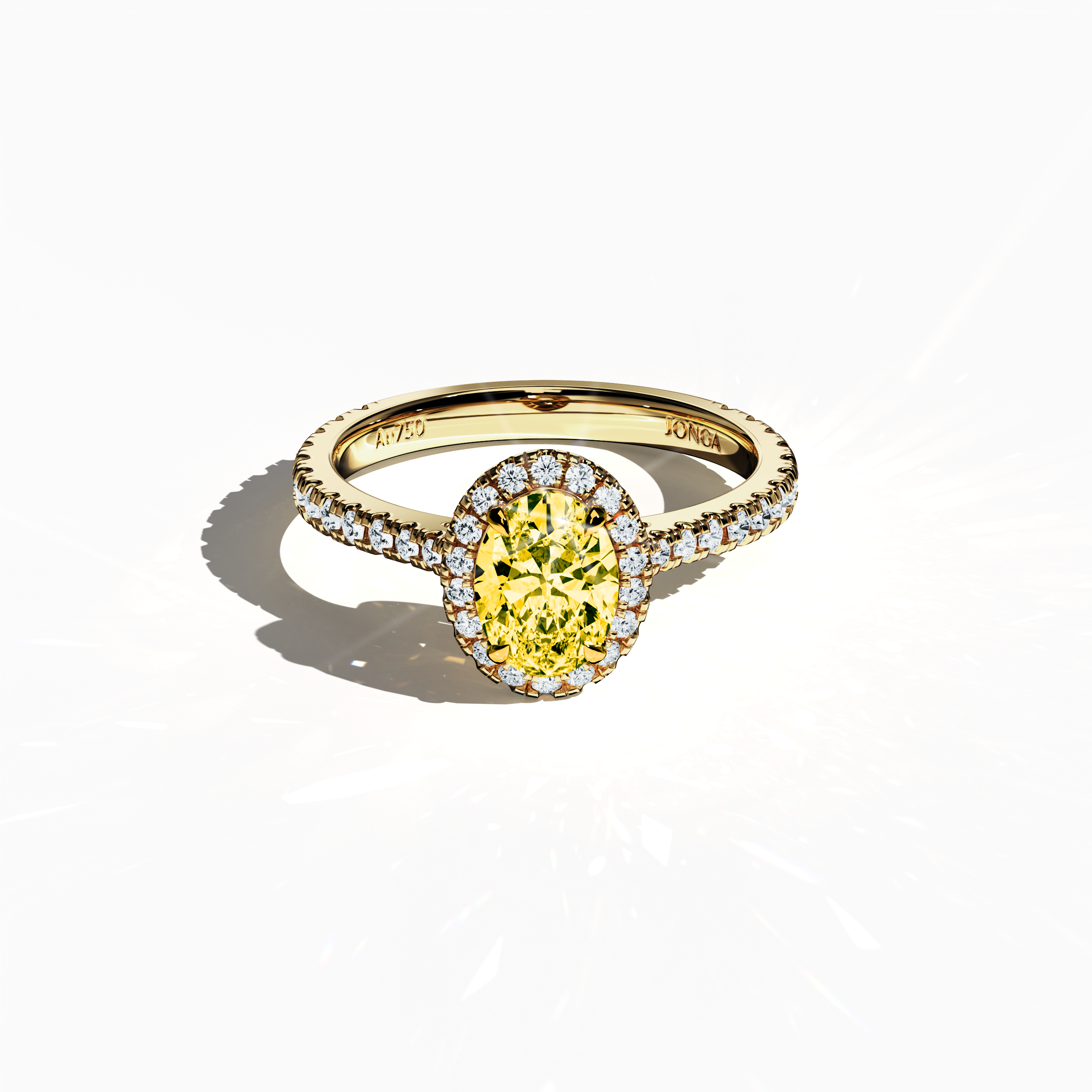 Seen from a gentle sleeping front top angle, this exquisite halo paved ring in radiant yellow gold features a brilliant 1 carat yellow oval‐cut diamond center embraced by a 0.60 carat halo of shimmering side stones, summing to 1.60 carats of luminous beauty. Infused with Classic Halo, Modern Halo, Vintage Halo, Contemporary Halo, and Eternity Halo styles alongside oval and brilliant cut accents, its rich golden, amber‐toned finish exudes vibrant luxury. Keywords: handcrafted, sparkle, elegance.