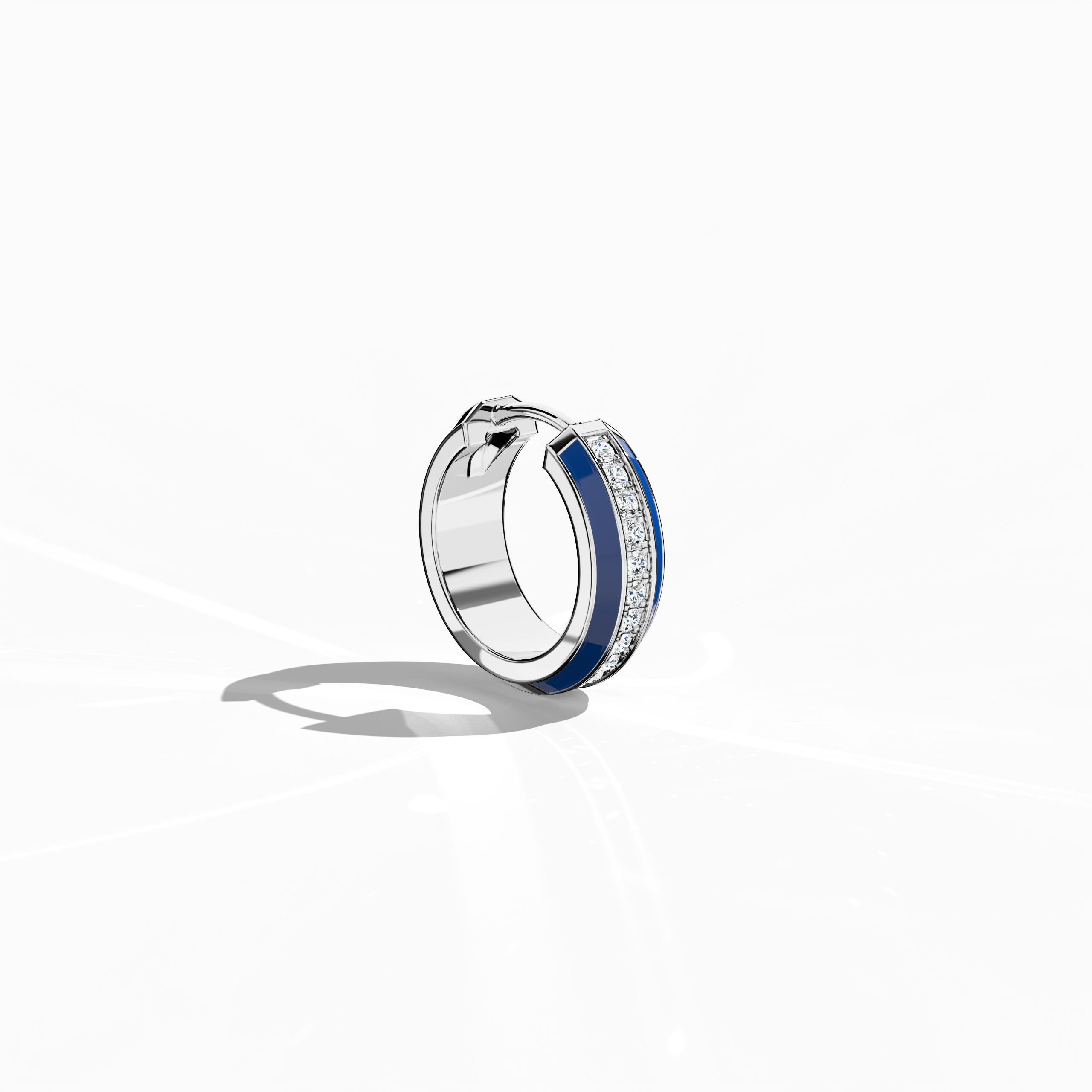 Front side view of Elegant blue enamel pavé stud earring in white gold – a stylish diamond ear adornment showcasing a luminous blue enamel finish accented with a pavé of sparkling diamonds, perfect as a subtle yet eye-catching jewelry piece.
